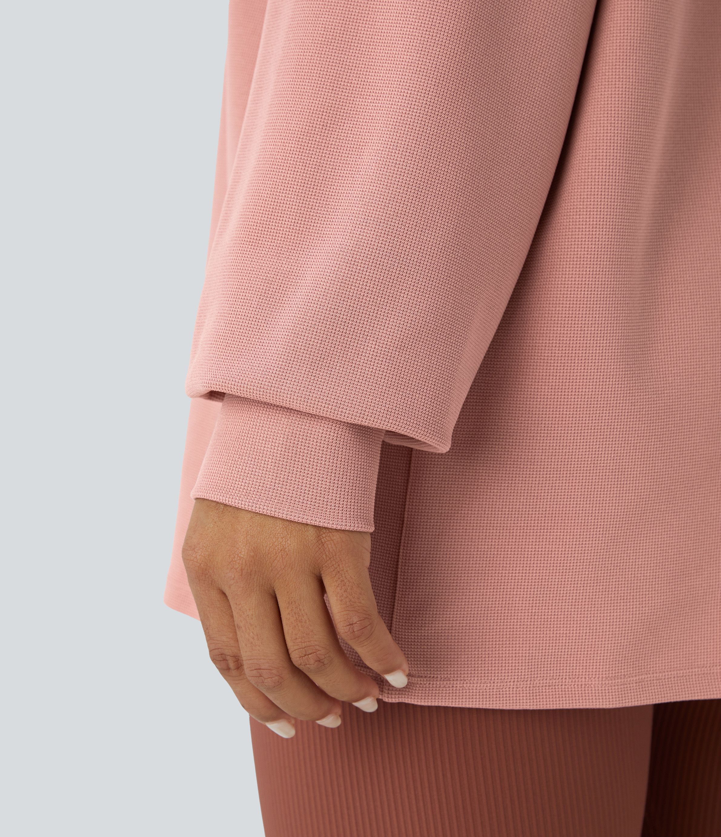 Halara V Neck Dropped Shoulder Relaxed Waffle Casual Sweatshirt  - Rose Tan - XL 