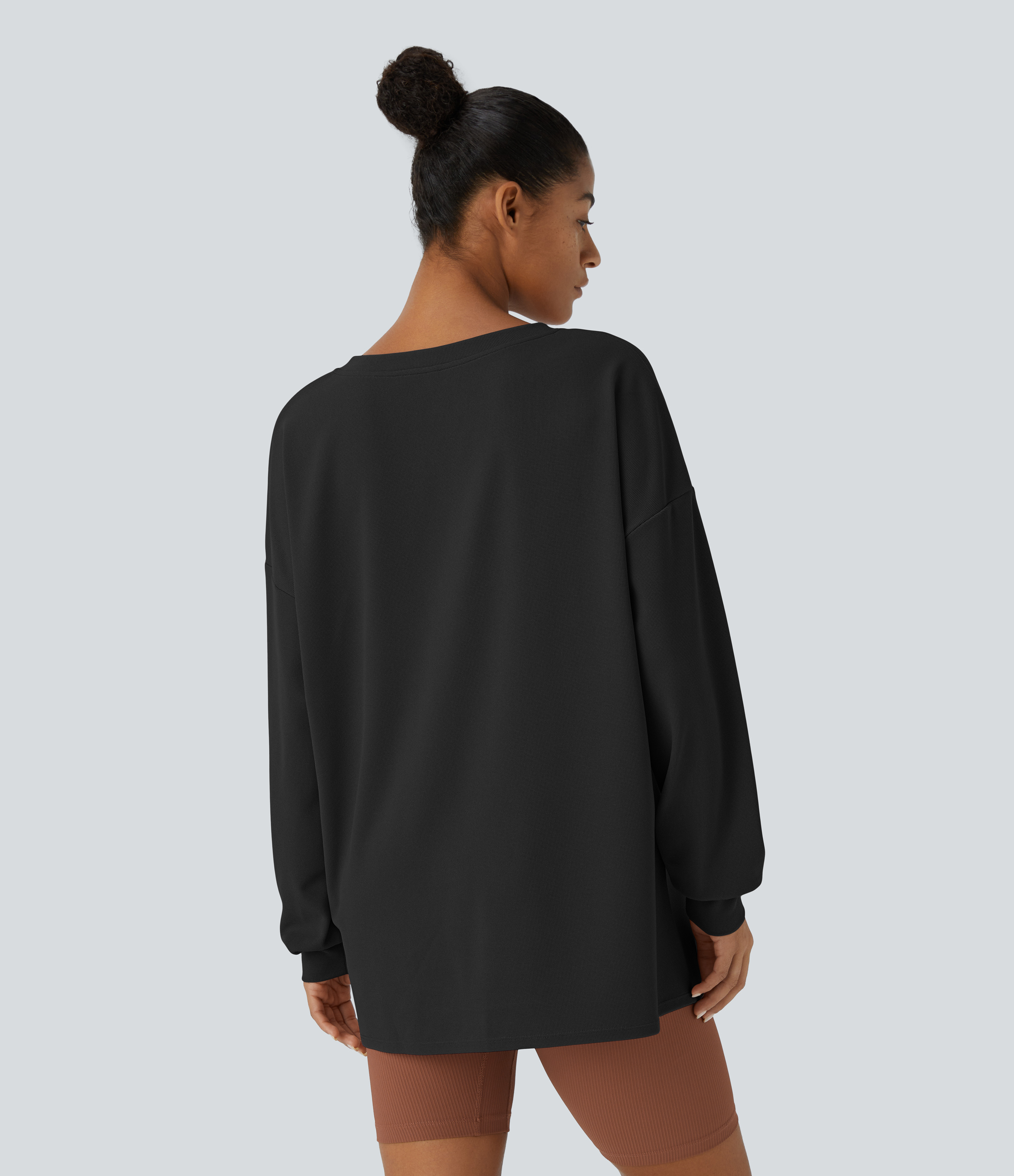 Halara V Neck Dropped Shoulder Relaxed Waffle Casual Sweatshirt  - Black - XS 