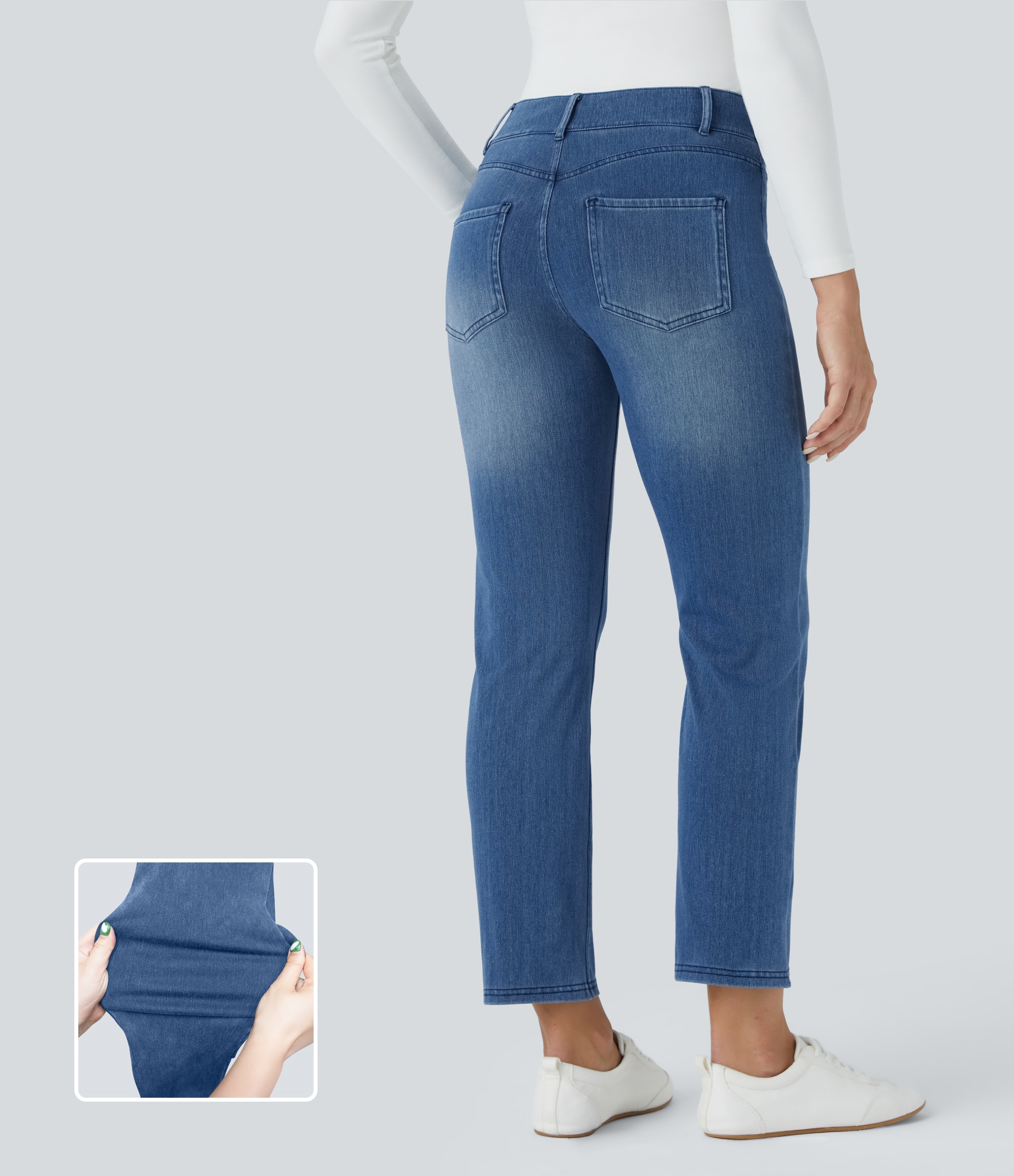 Halara Flex™ Mid-Rise Multi-Pocket Straight Leg Washed Stretch Knit Work Jeans