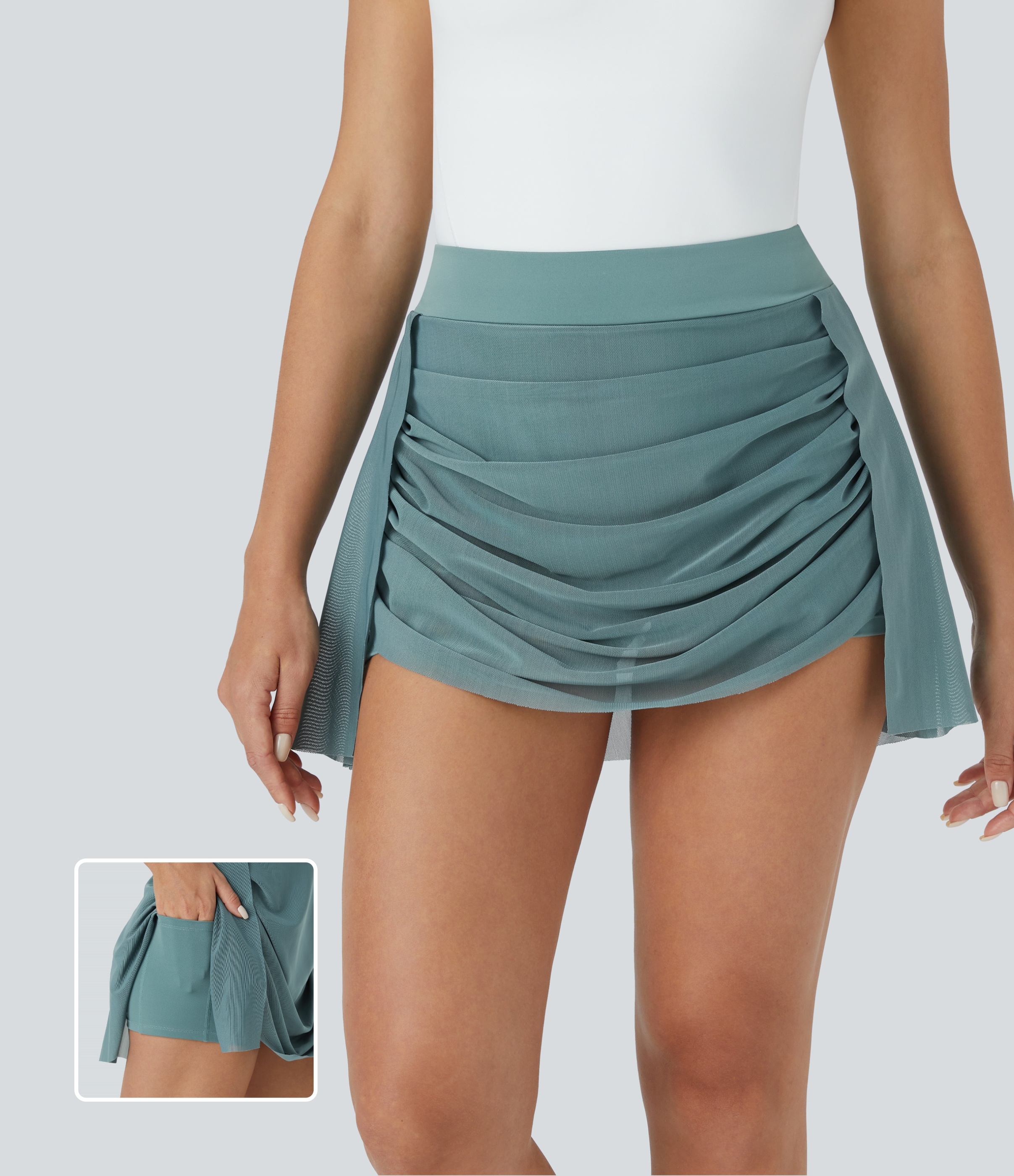 Halara High Waisted Contrast Mesh Ruched 2-in-1 Side Pocket Mini Dance Skirt  - Morning Dew Green - M(regular) 