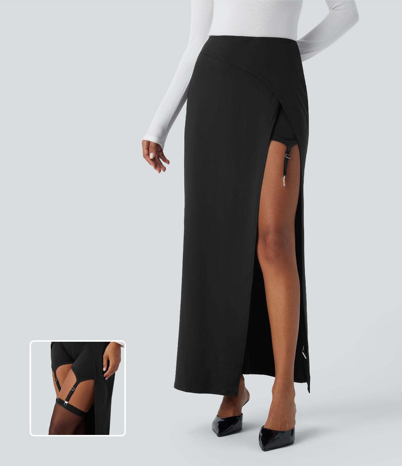 Halara High Waisted Crossover Split 2-in-1 Adjustable Garter With Metal Clips Work Skirt  - Black - L(regular) midi skirt a line skirt 
