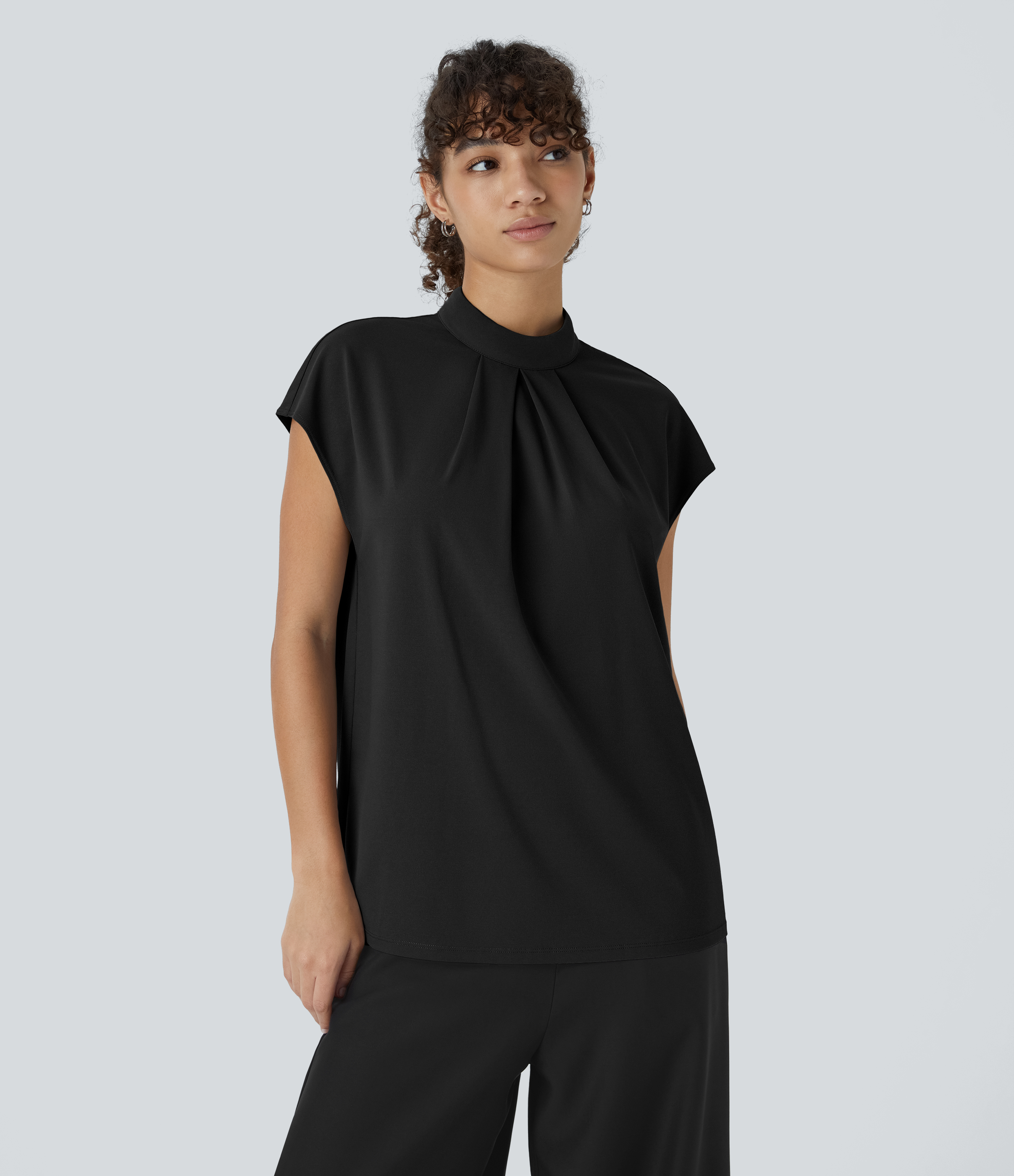 Halara Stand Collar Plicated Button Back Cap Sleeve Work Blouse  - Black - S 