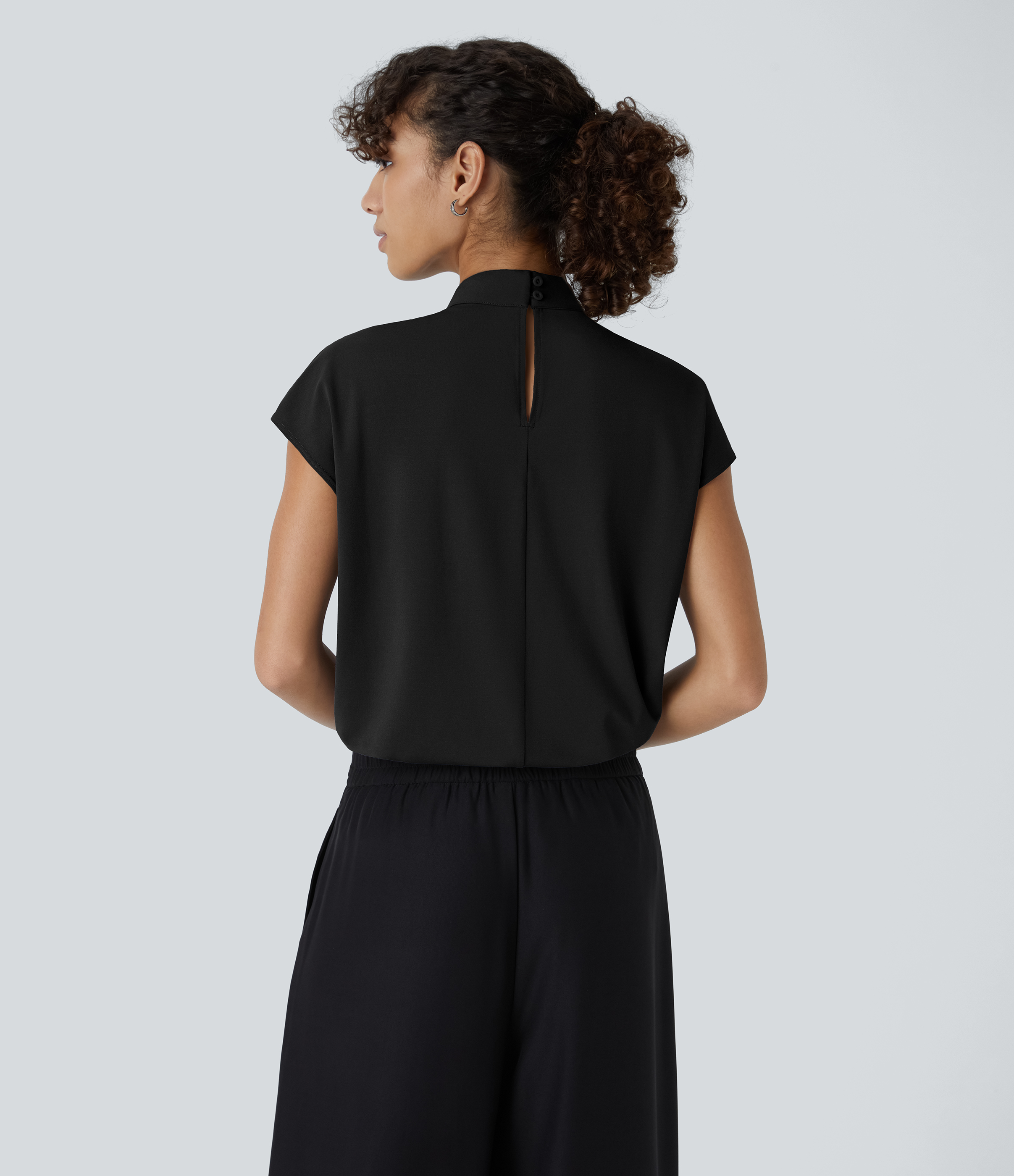 Halara Stand Collar Plicated Button Back Cap Sleeve Work Blouse  - Black - S 