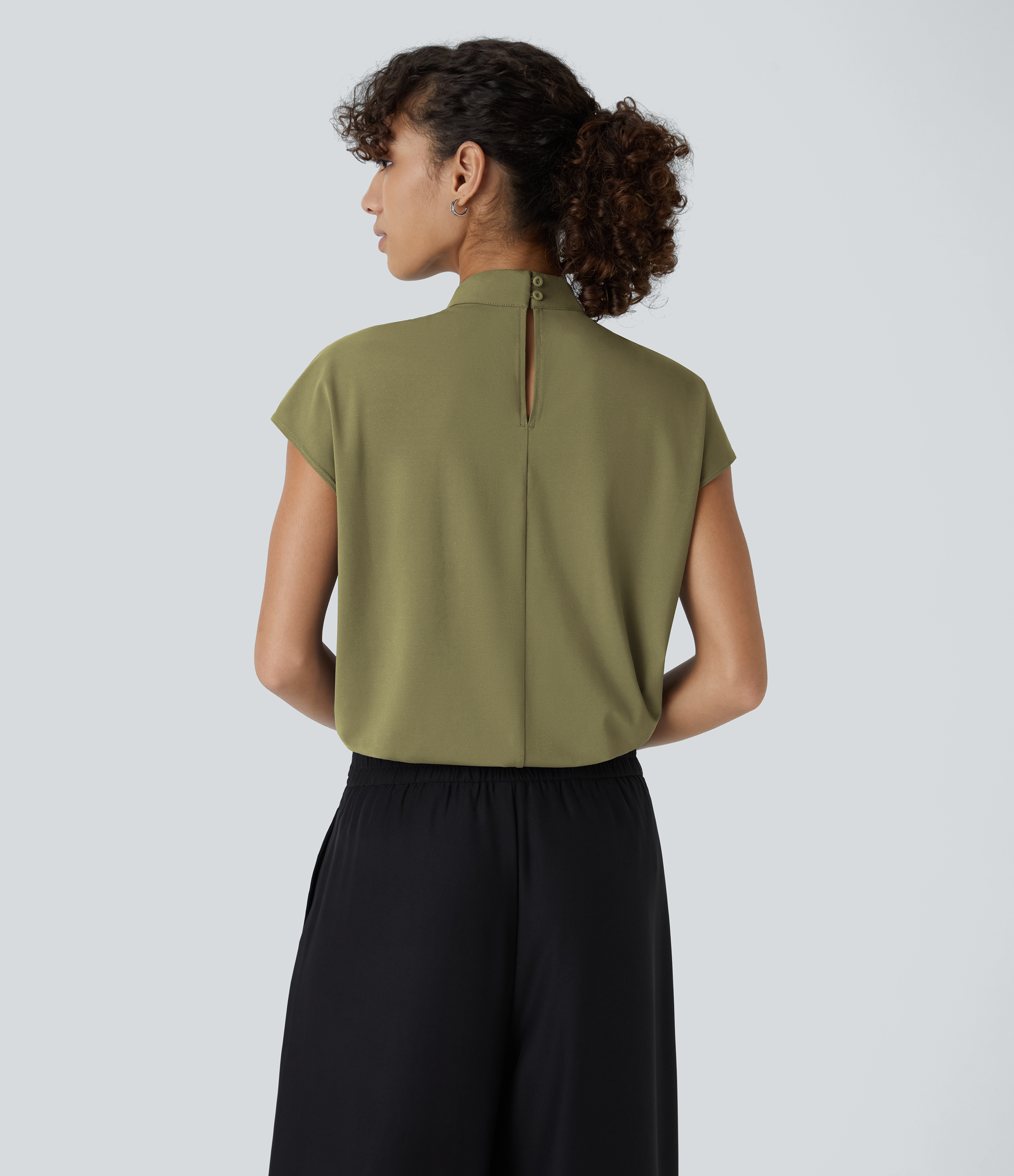 Halara Stand Collar Plicated Button Back Cap Sleeve Work Blouse  - Capulet Olive - XS 