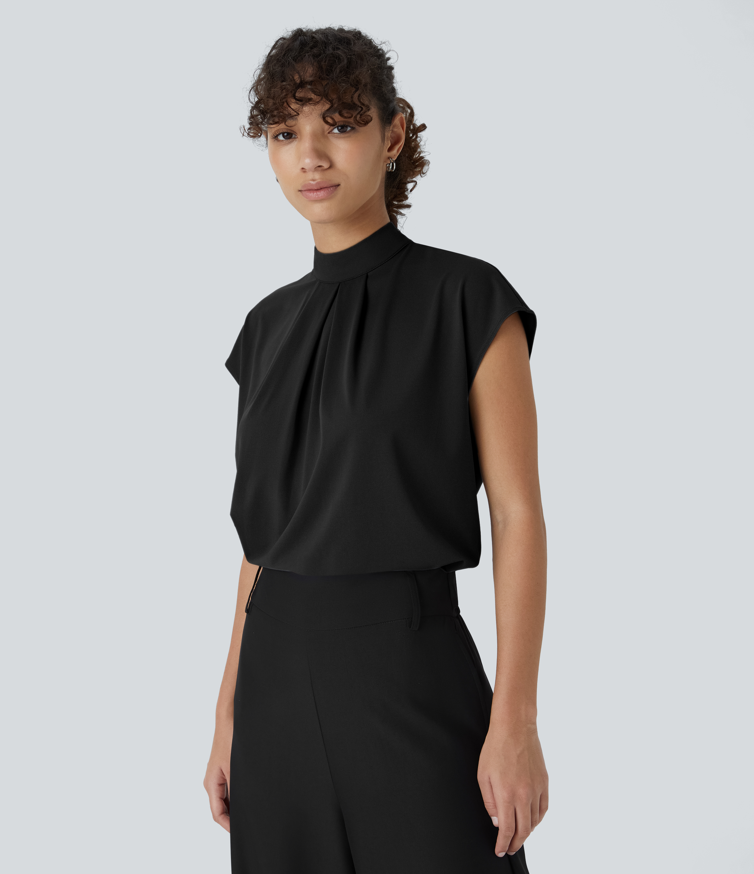 Halara Stand Collar Plicated Button Back Cap Sleeve Work Blouse  - Black - S 