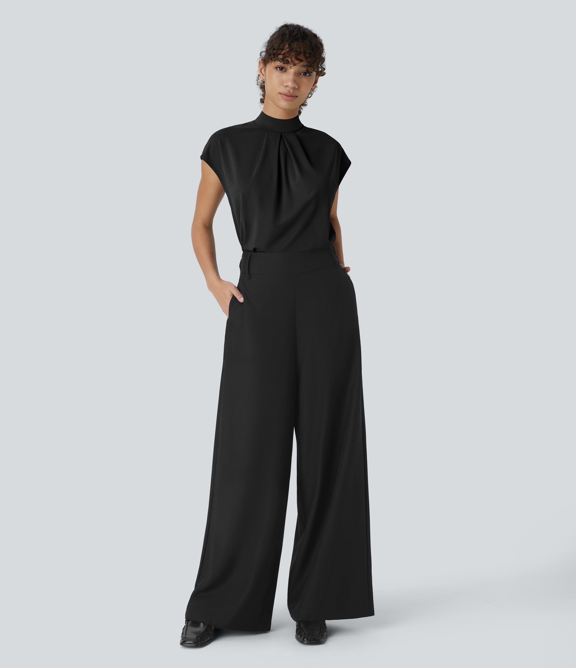 Halara Stand Collar Plicated Button Back Cap Sleeve Work Blouse  - Black - S 