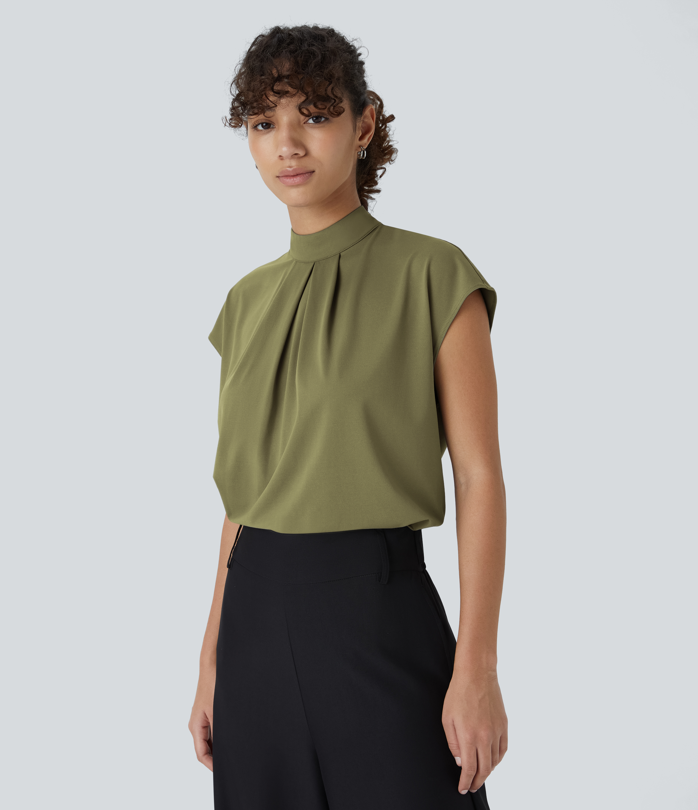 Halara Stand Collar Plicated Button Back Cap Sleeve Work Blouse  - Capulet Olive - XS 