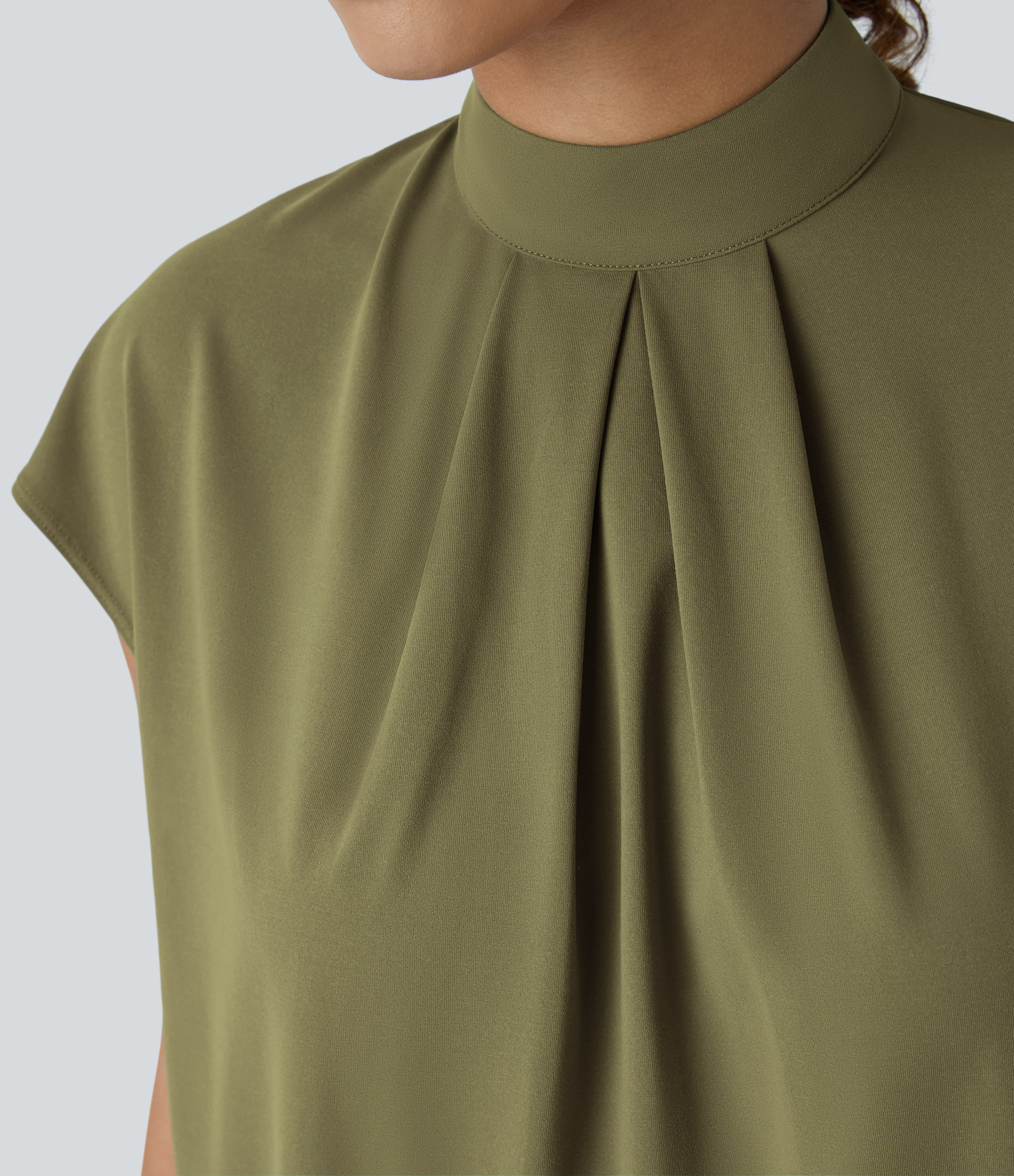 Halara Stand Collar Plicated Button Back Cap Sleeve Work Blouse  - Capulet Olive - XS 