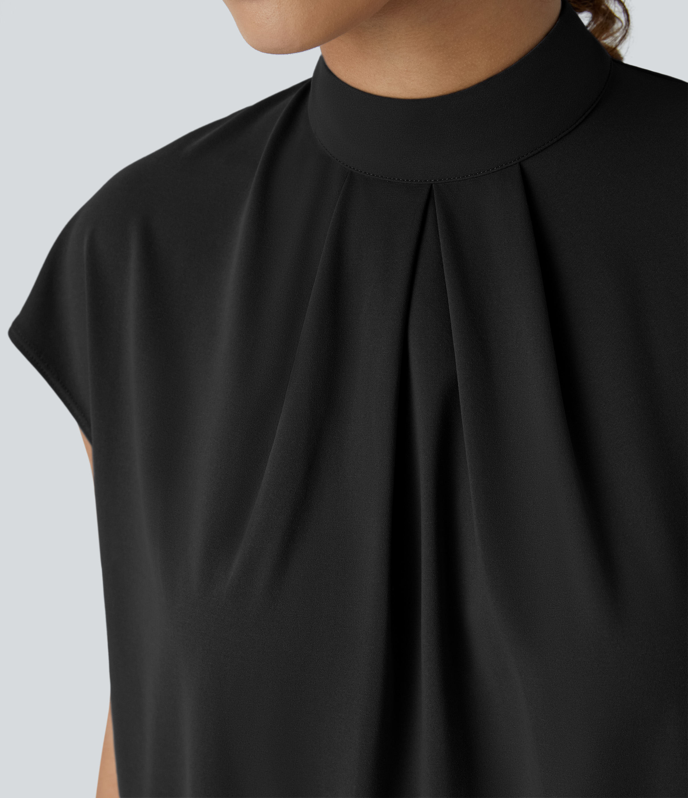 Halara Stand Collar Plicated Button Back Cap Sleeve Work Blouse  - Black - S 