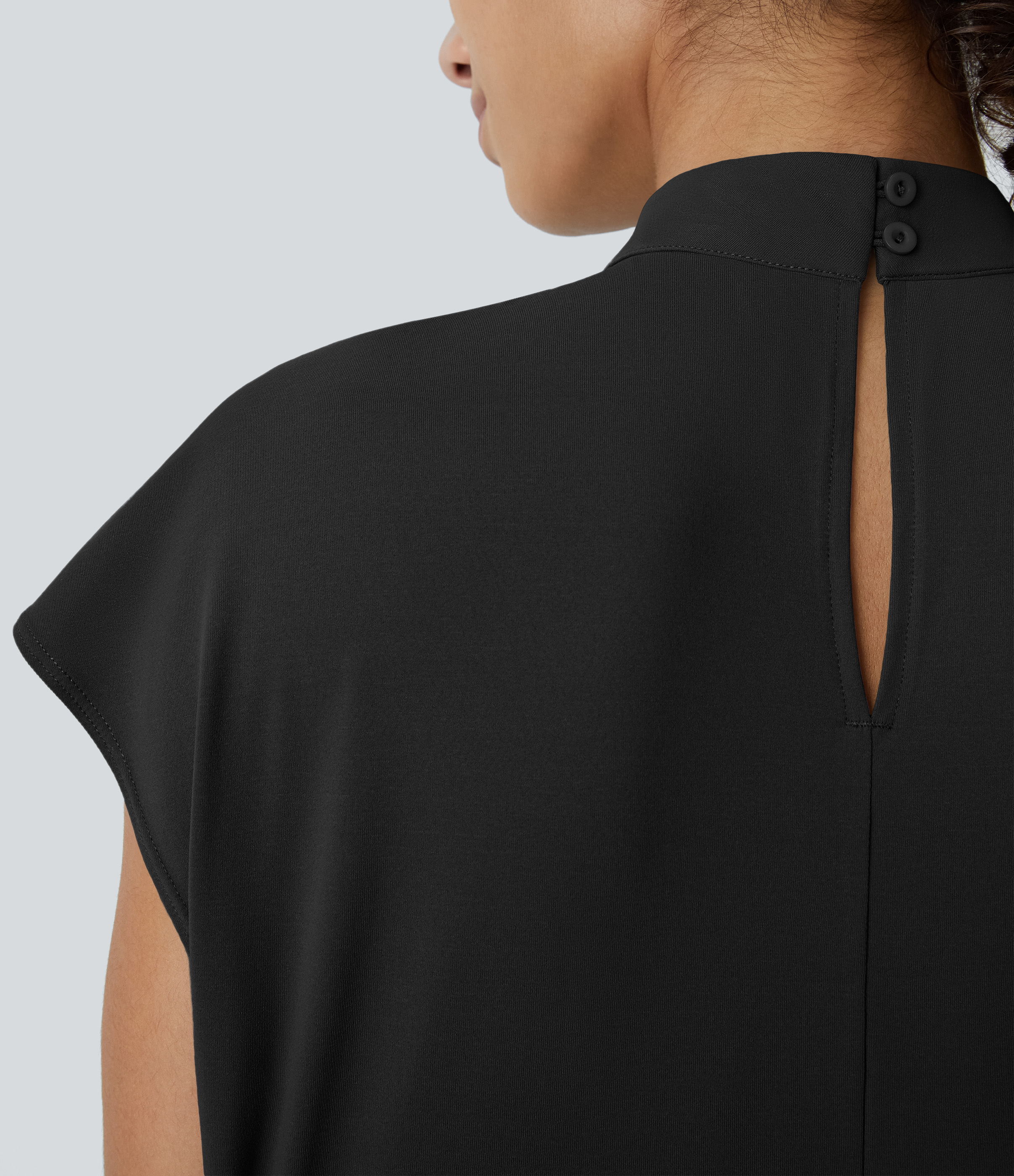 Halara Stand Collar Plicated Button Back Cap Sleeve Work Blouse  - Black - S 