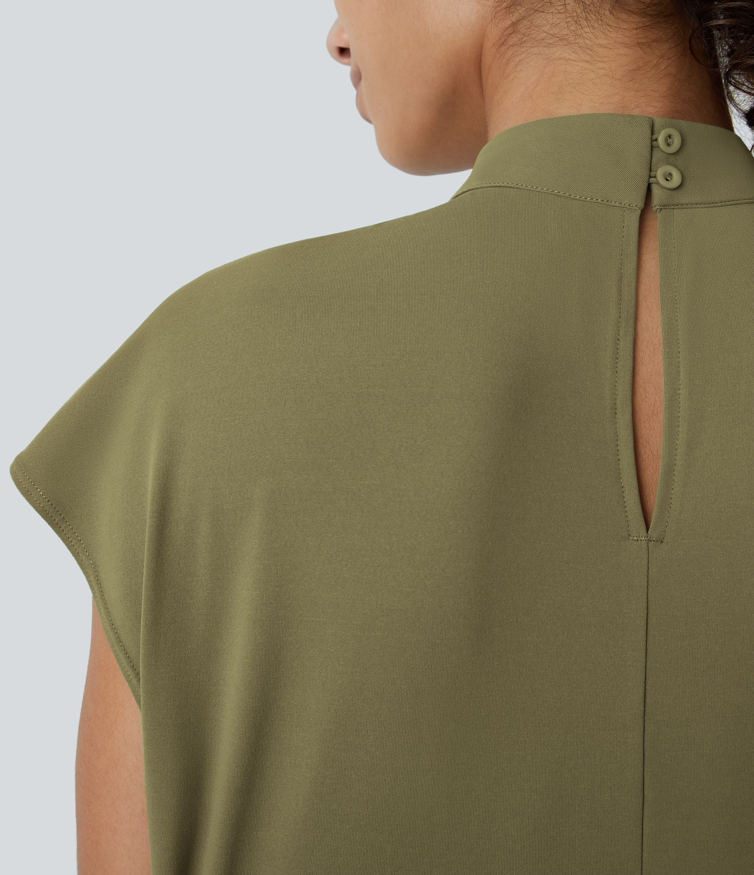Halara Stand Collar Plicated Button Back Cap Sleeve Work Blouse  - Capulet Olive - XS 