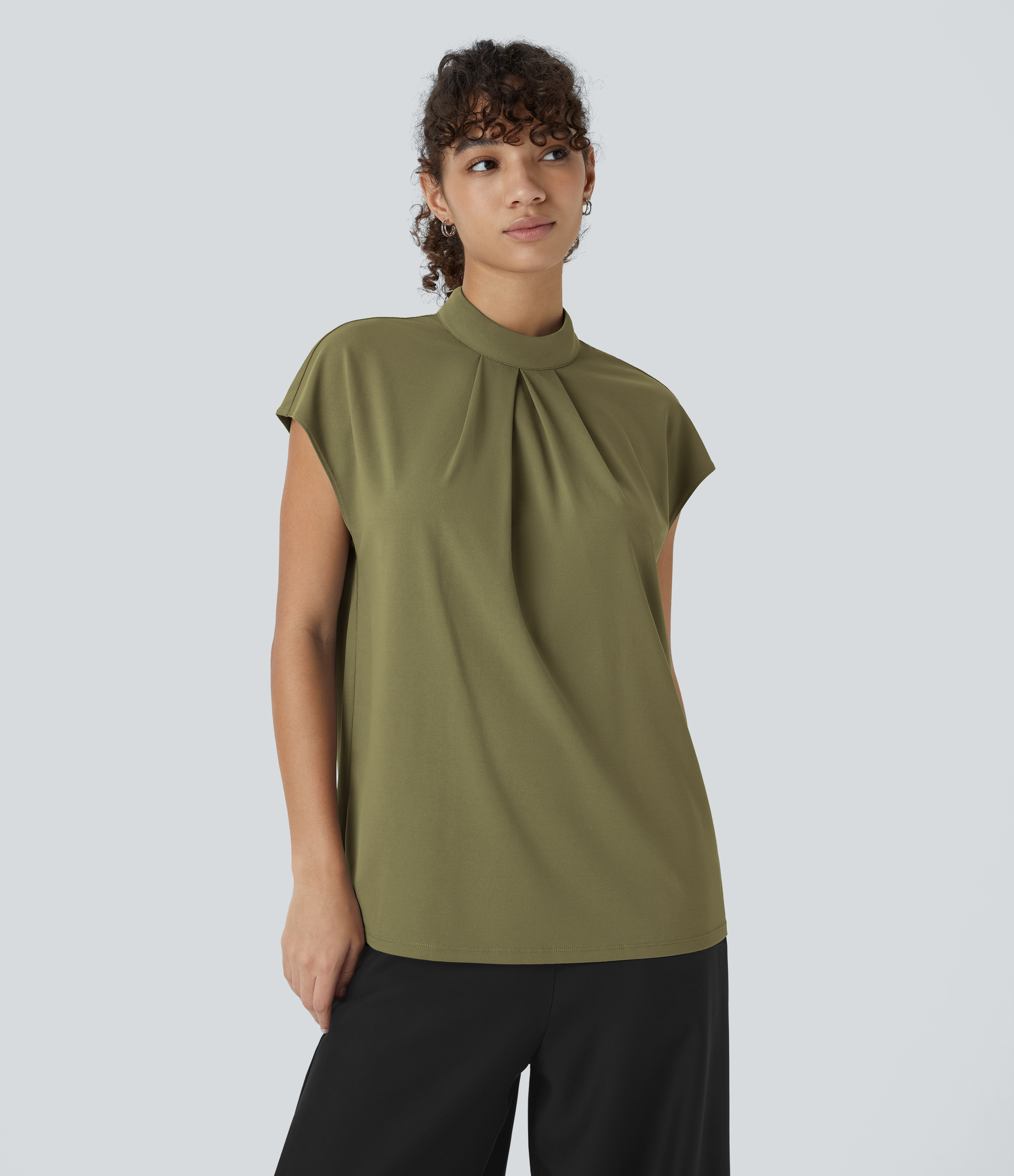 Halara Stand Collar Plicated Button Back Cap Sleeve Work Blouse  - Capulet Olive - XS 