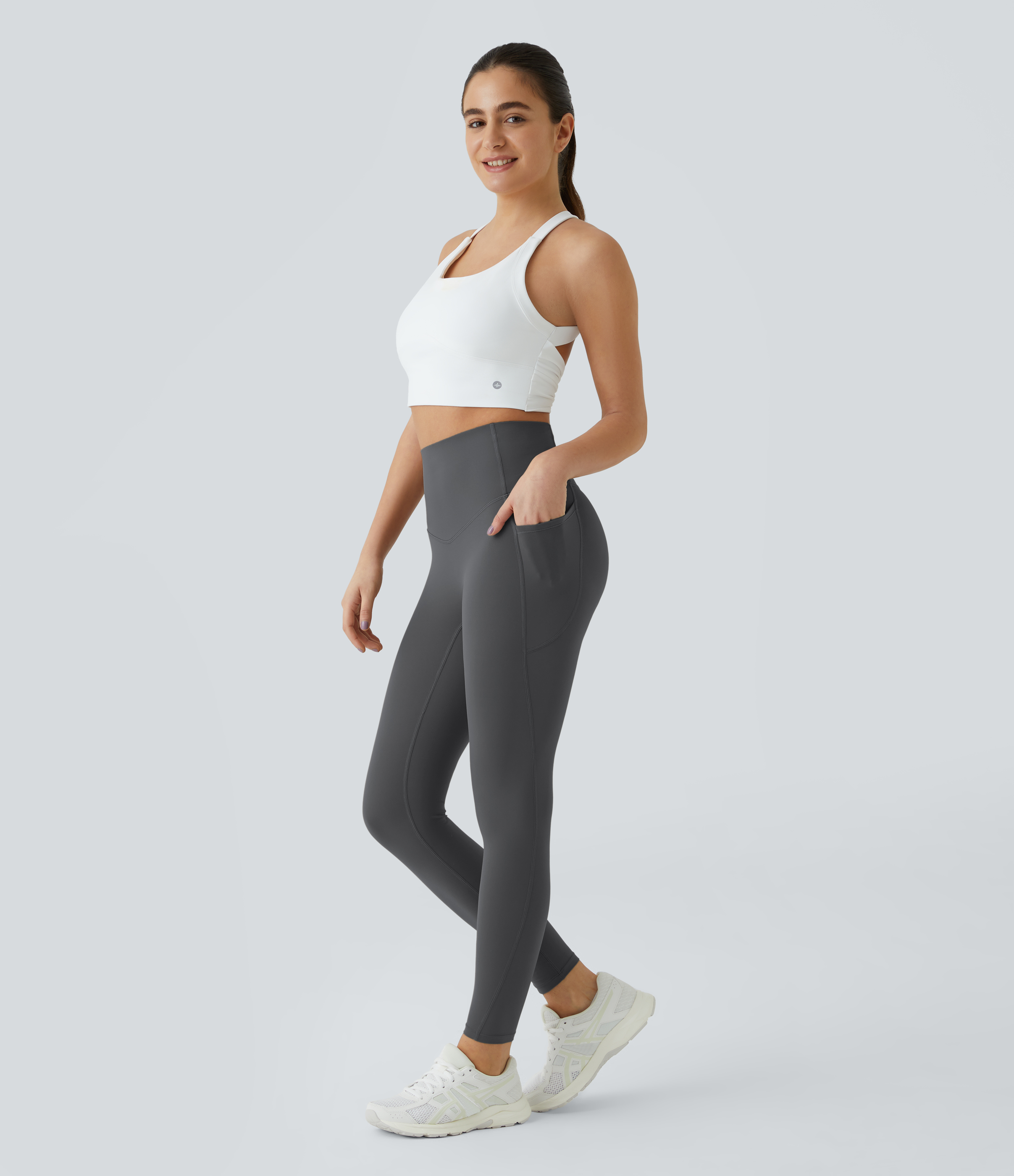 Halara High Waisted Side Pocket Shaping Training Capri Leggings  - Volcanic Ash - L gym leggings leggings with pockets 