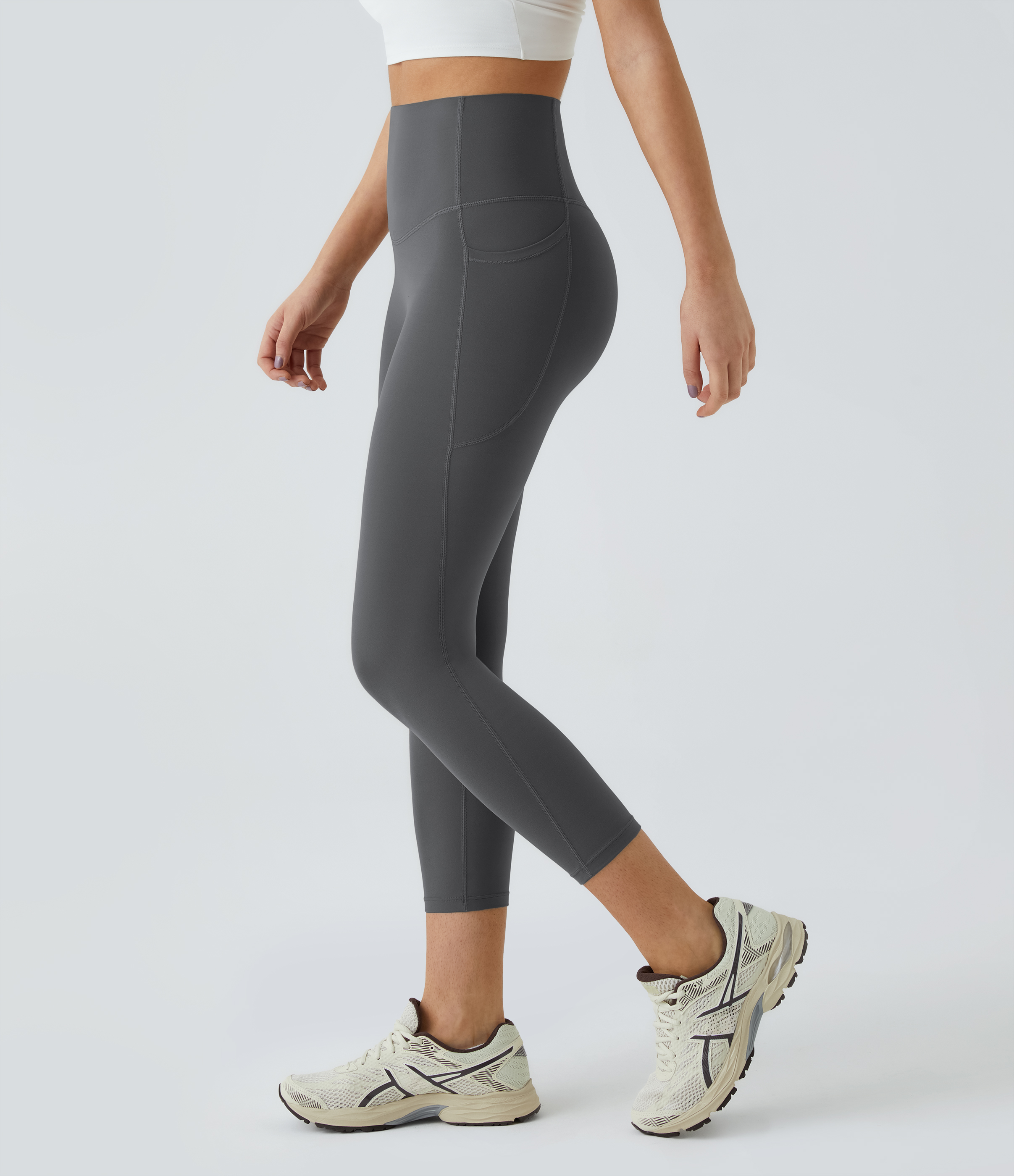 Halara High Waisted Side Pocket Shaping Training Capri Leggings  - Volcanic Ash - L gym leggings leggings with pockets 