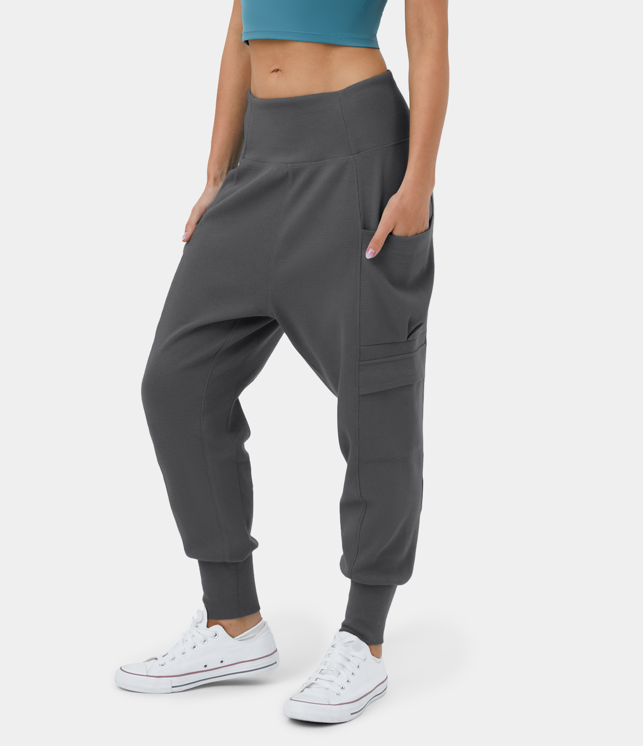 

Halara Mid Rise Foldover Side Pocket Waffle Harem Dance Cargo Joggers - Dark Shadow