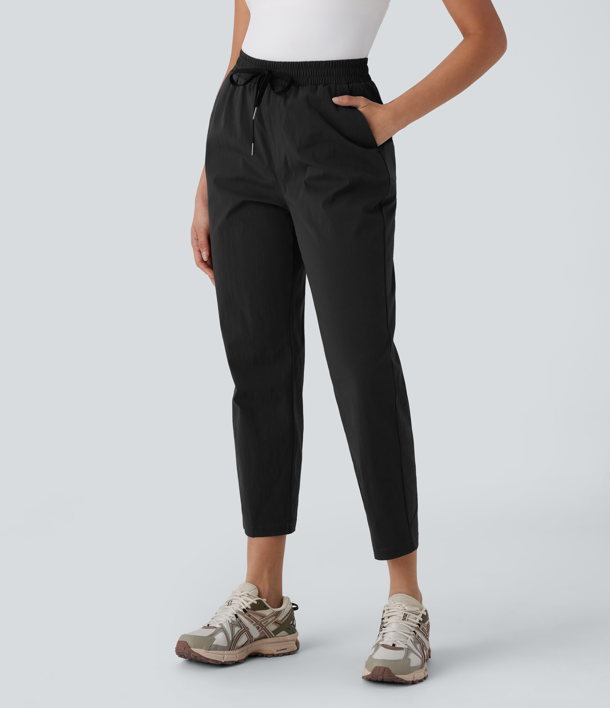 Halara Water Repellent Mid Rise Drawstring Multiple Pockets Ripstop Hiking Pants  - Black - L(regular) 