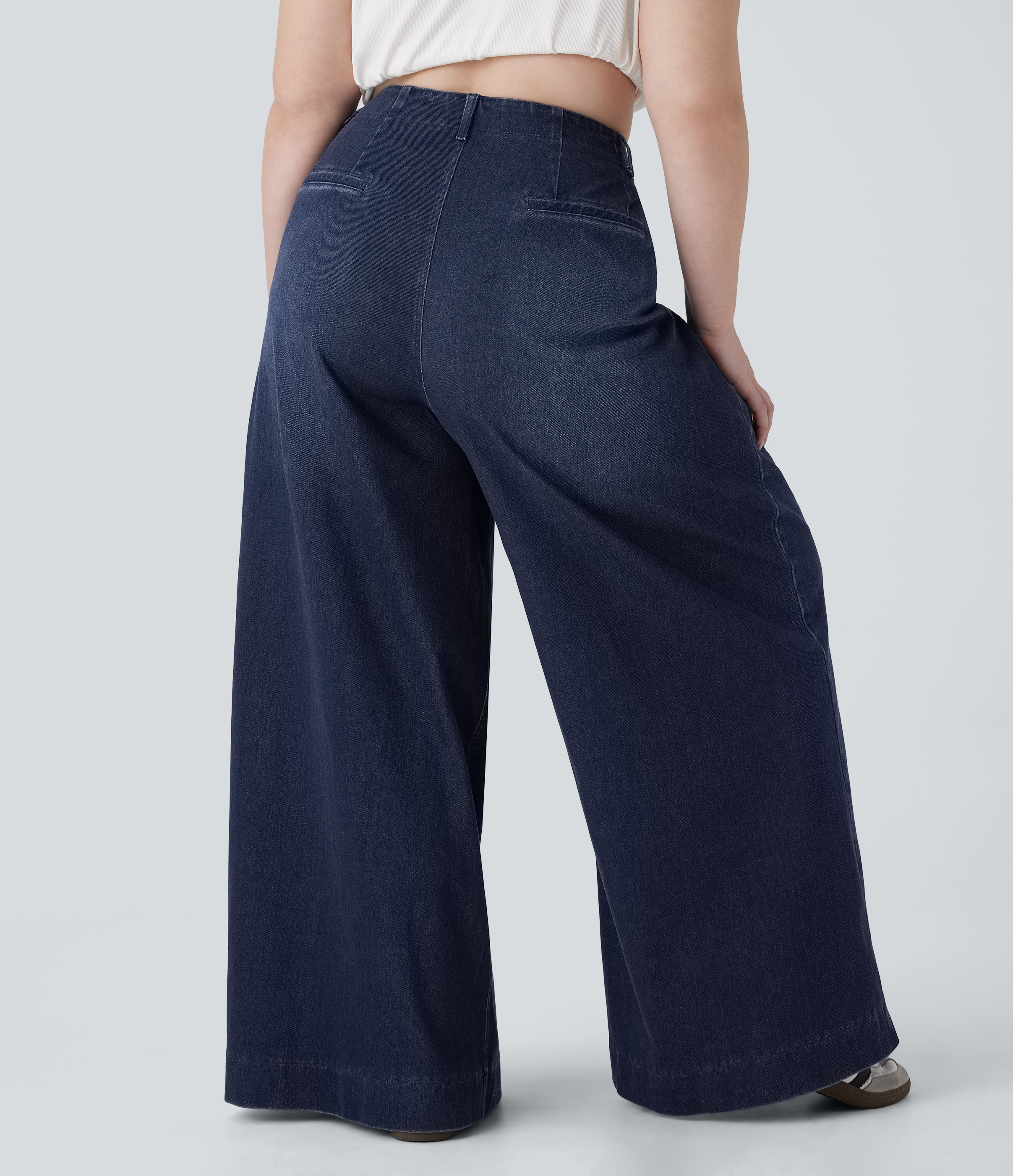 Deep Blue Water Denim Jeans Halara Flex™ Denim tiro alto elástico lavado de pierna ancha en talla grande / 2