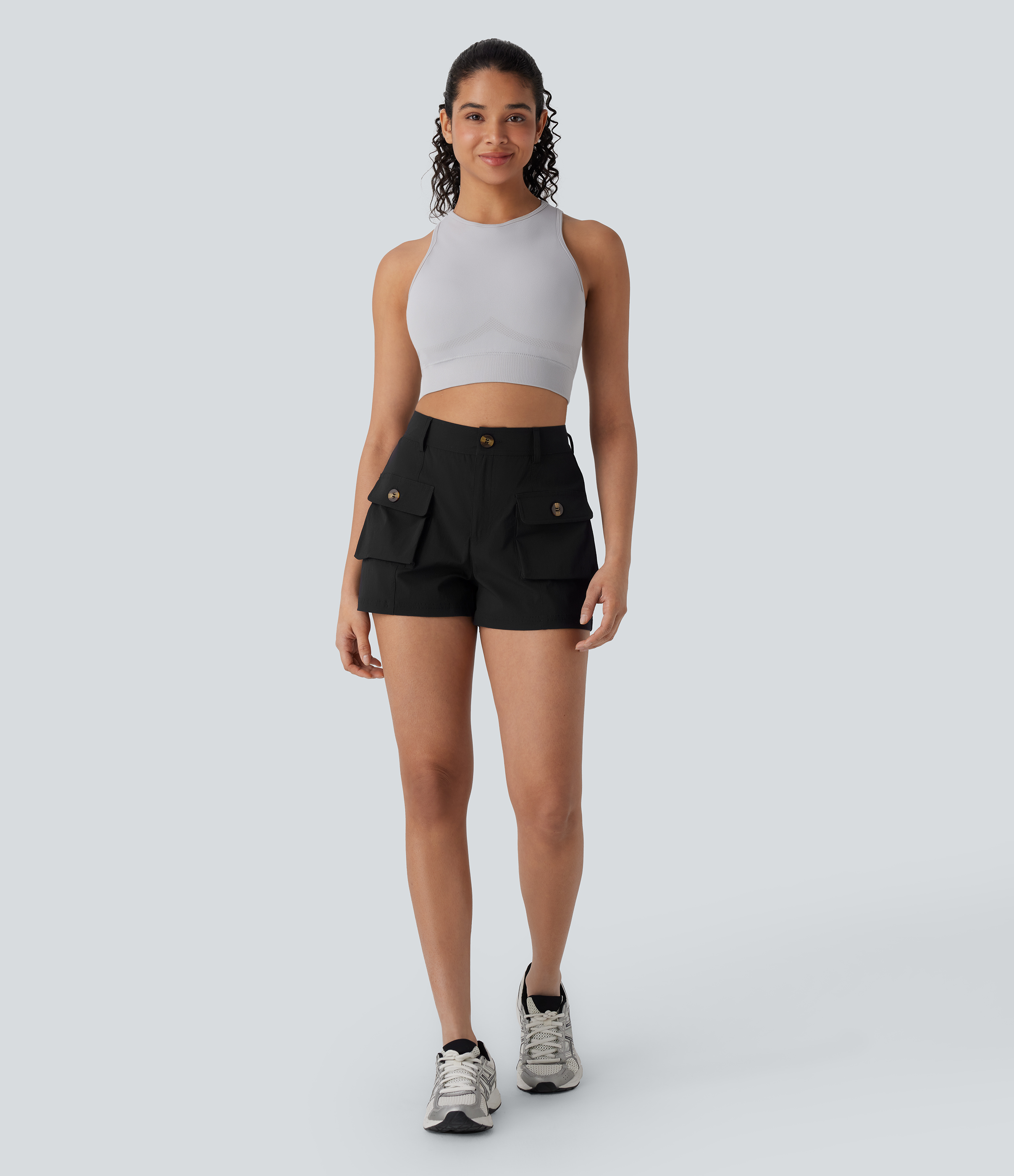 Halara Water Repellent Mid Rise Button Zipper Multiple Pockets Ripstop Hiking Cargo Shorts Gym Short - Black - L booty shorts 
