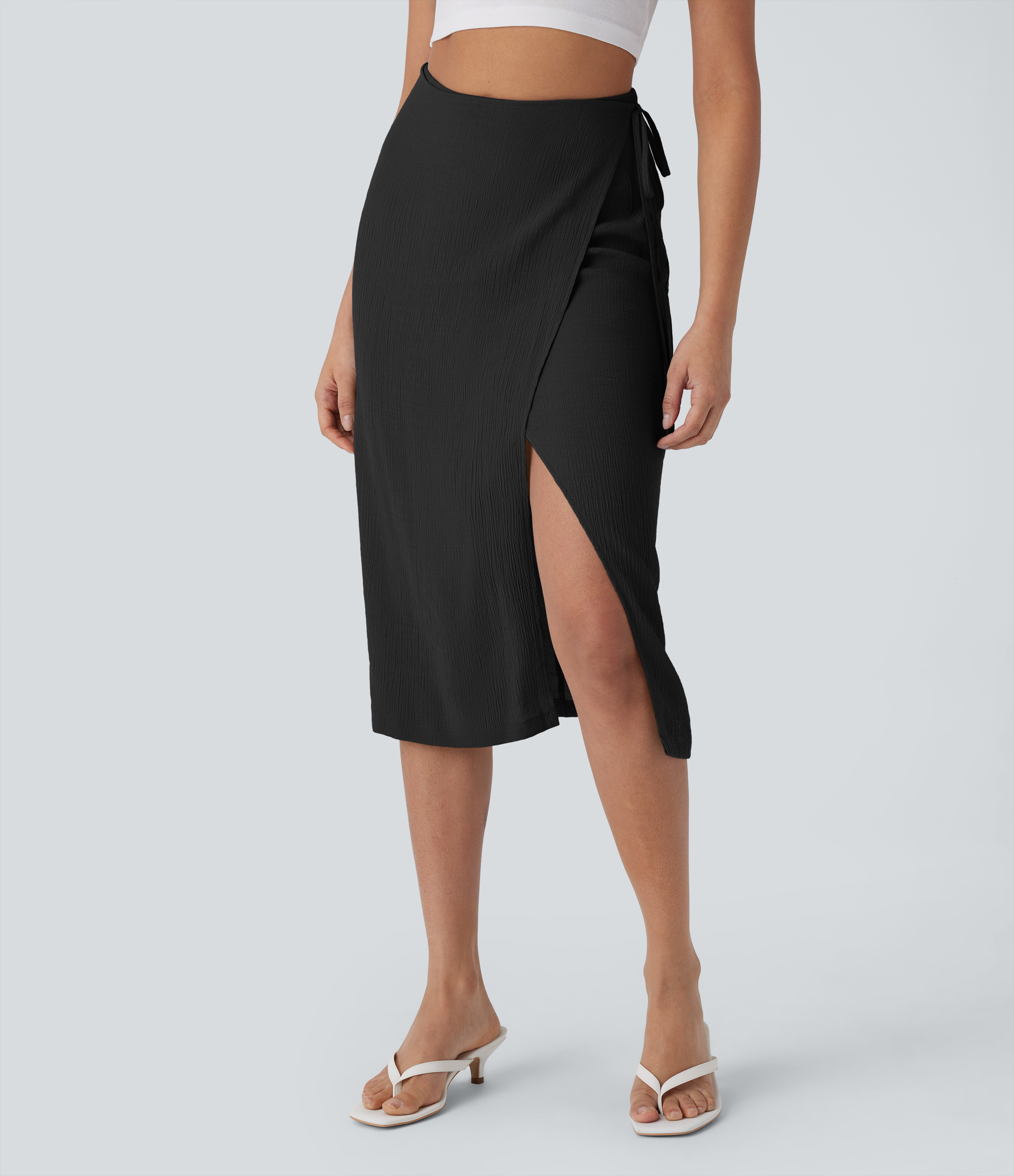 Halara High Waisted Invisible Zipper Wrapped Tie Side Split Midi Casual Skirt  - Black - XS(regular) 