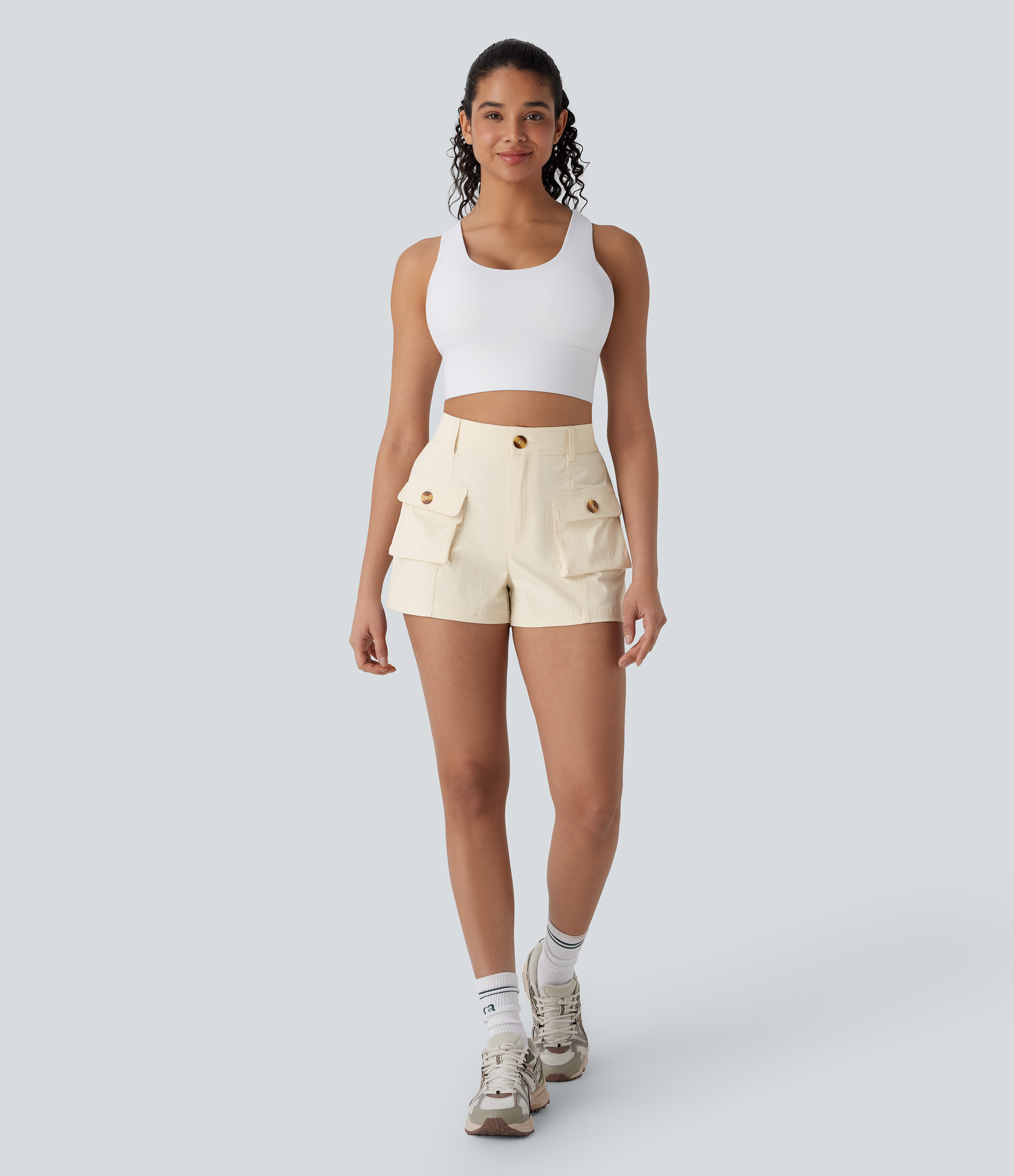 Halara Water Repellent Mid Rise Button Zipper Multiple Pockets Ripstop Hiking Cargo Shorts Gym Short - Snow White Oak - L booty shorts 