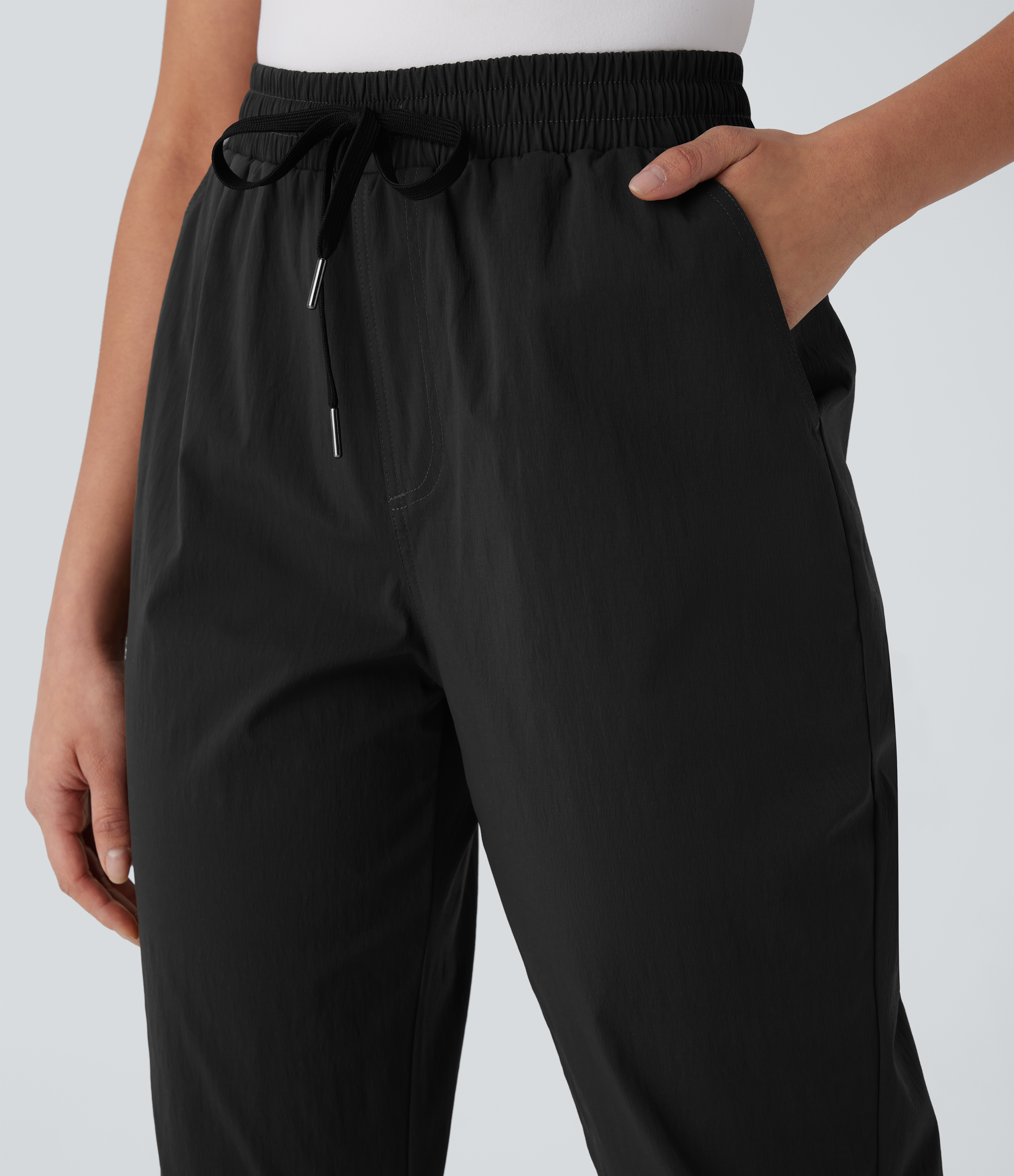 Halara Water Repellent Mid Rise Drawstring Multiple Pockets Ripstop Hiking Pants  - Black - L(regular) 