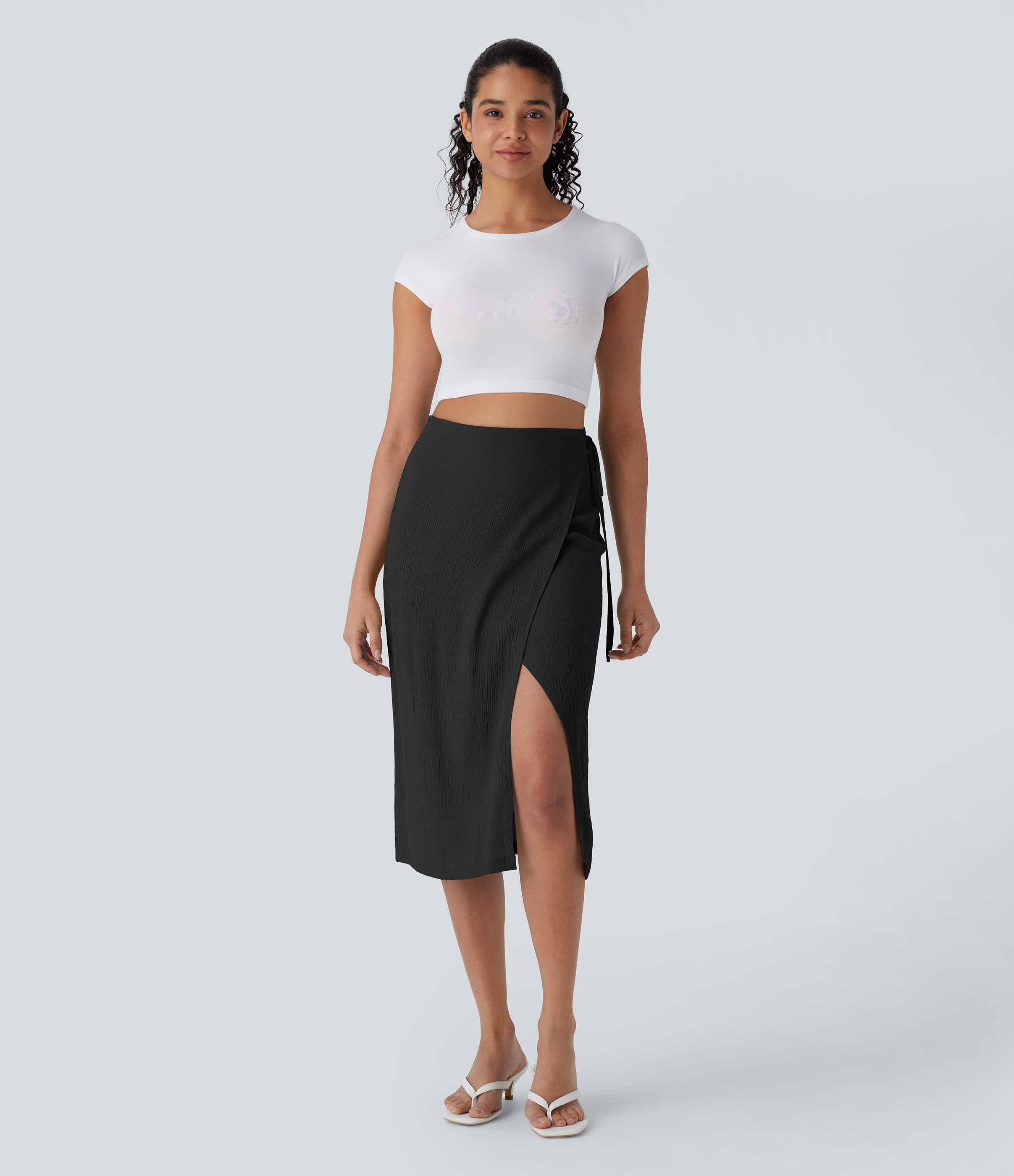 Halara High Waisted Invisible Zipper Wrapped Tie Side Split Midi Casual Skirt  - Black - XS(regular) 