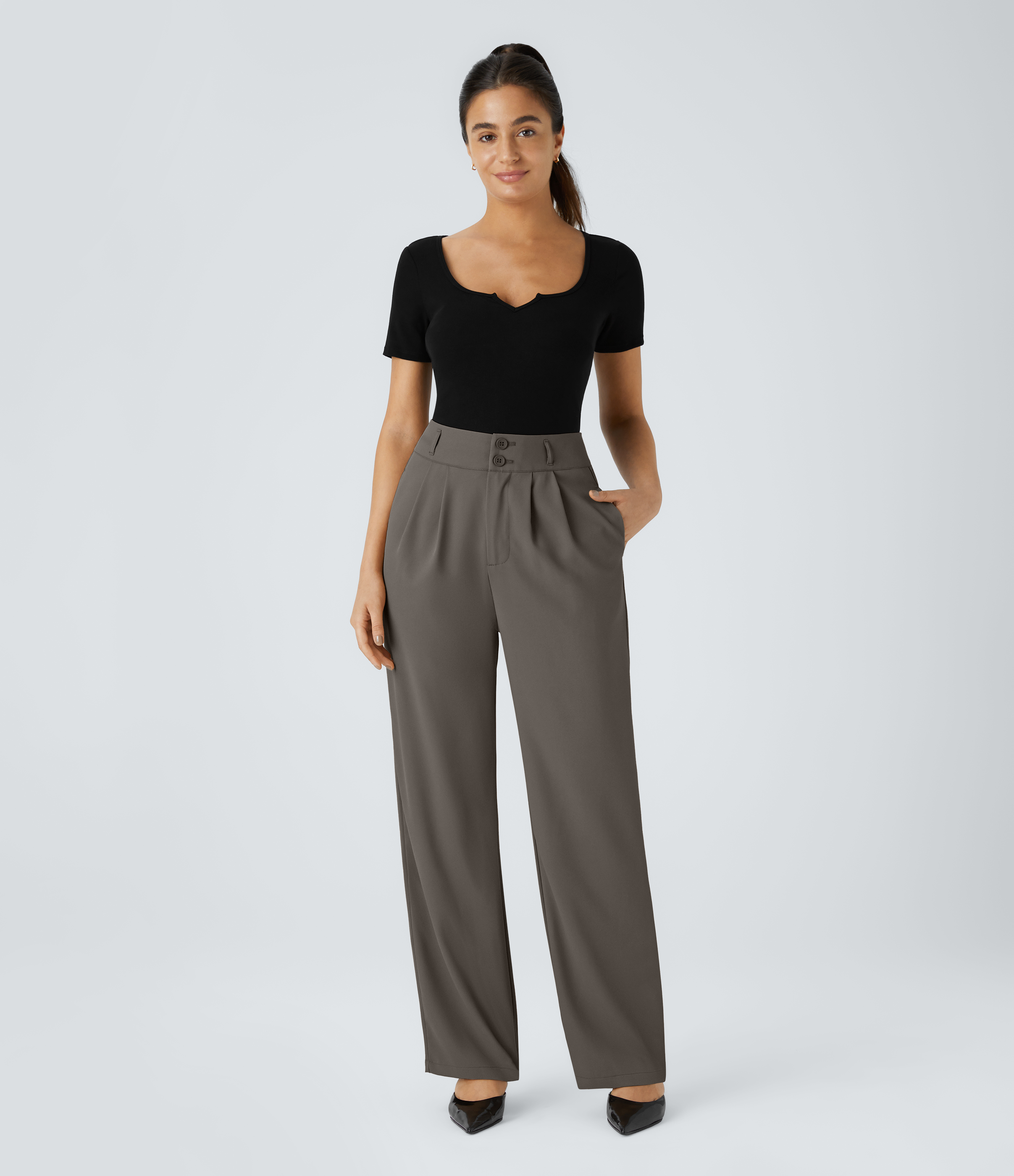 Halara High Waisted Button Zipper Side Pocket Shirred Straight Leg Work Pants  - Lead Grey - XS(regular) sweatpants jogger pants 