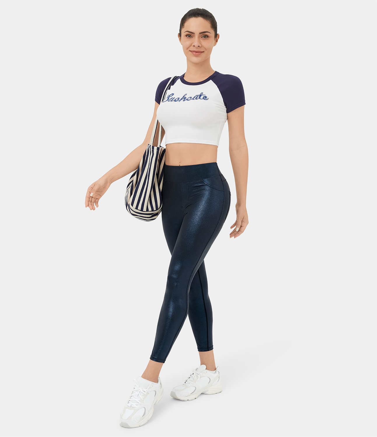 Halara Cloudfulв„ў Shine Fabric High Waisted Back Side Pocket Work Faux Leather Leggings  - Shiny Midnight Blue - XL(full_length) gym leggings 