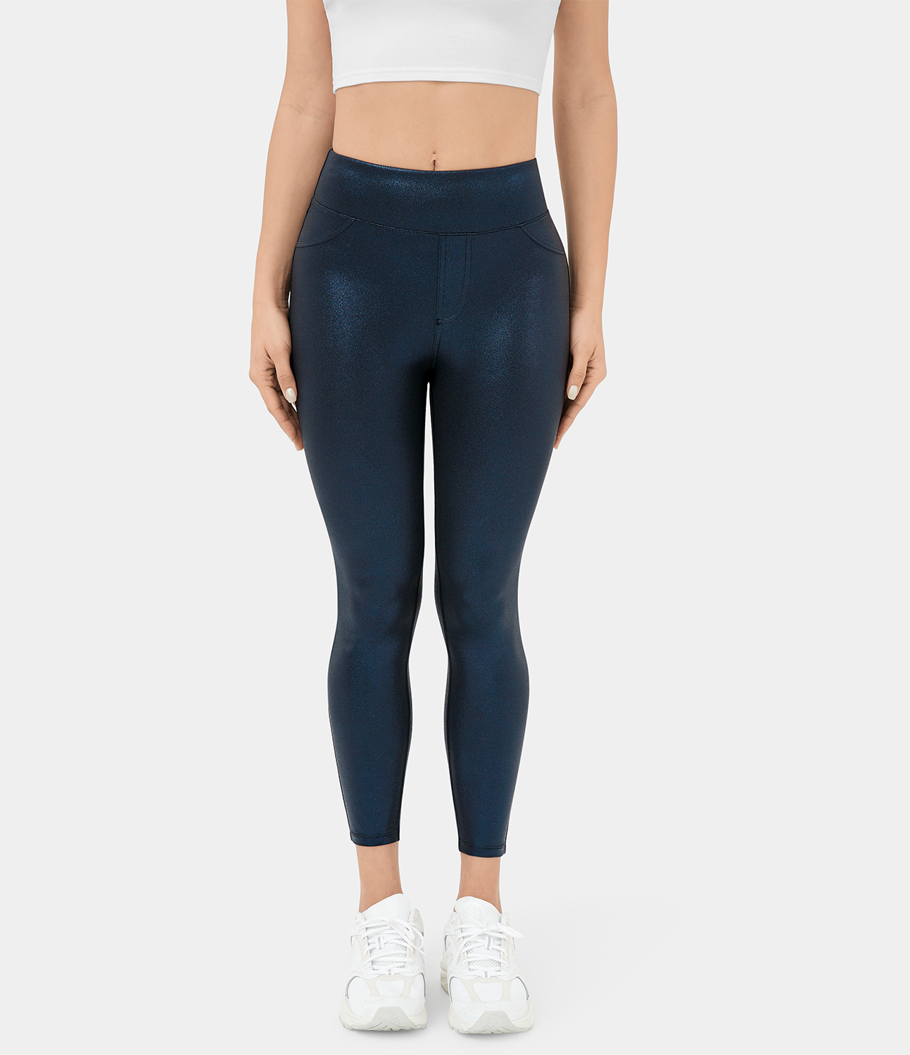 Halara Cloudfulв„ў Shine Fabric High Waisted Back Side Pocket Work Faux Leather Leggings  - Shiny Midnight Blue - XL(full_length) gym leggings 