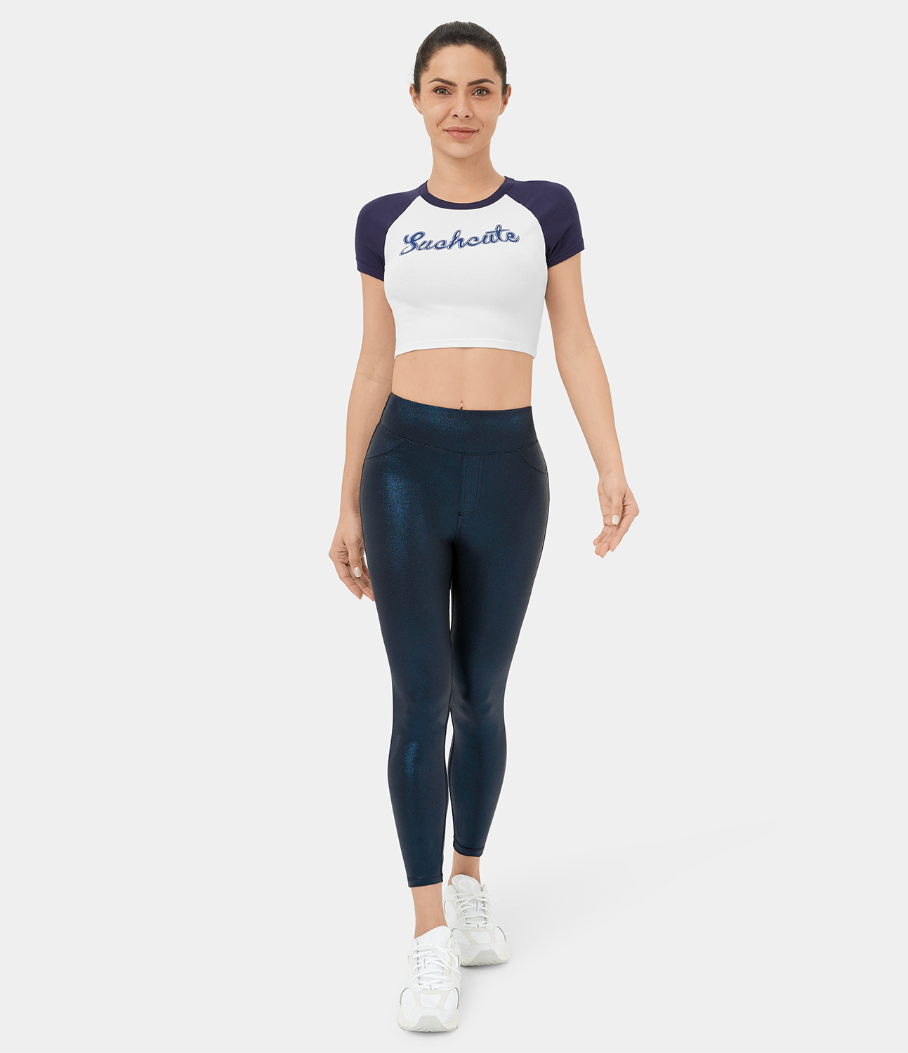 Halara Cloudfulв„ў Shine Fabric High Waisted Back Side Pocket Work Faux Leather Leggings  - Shiny Midnight Blue - XL(full_length) gym leggings 