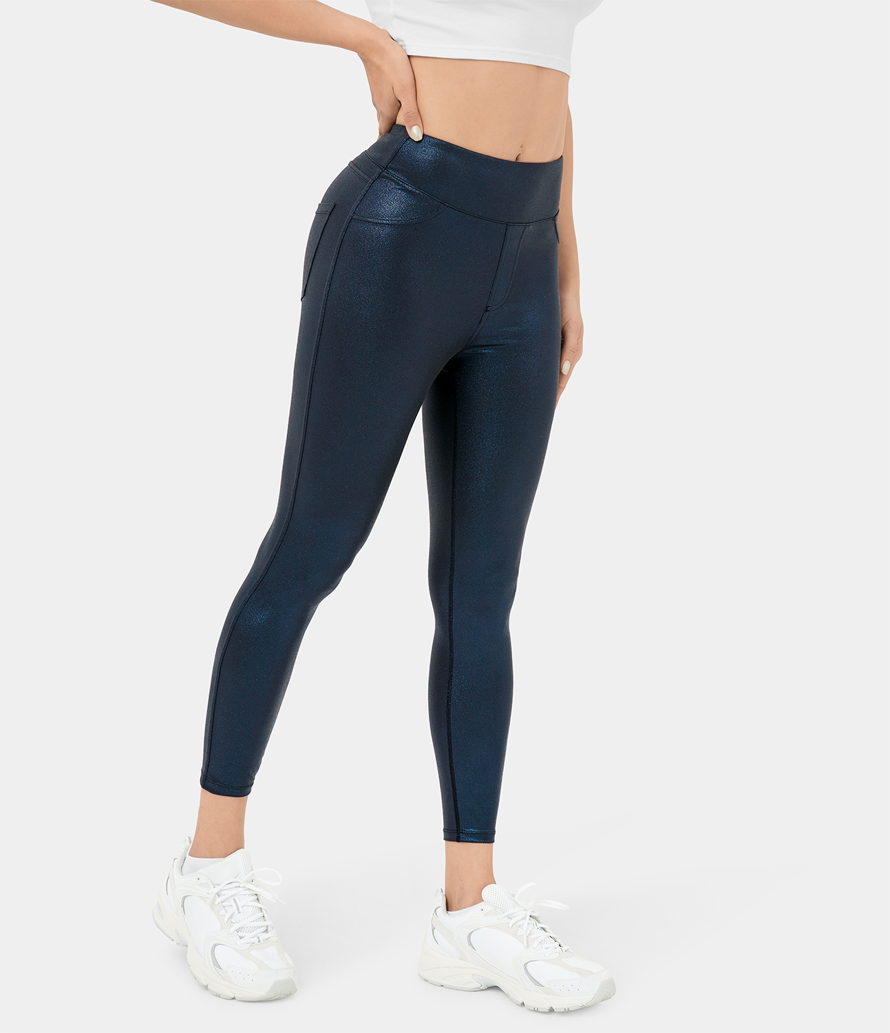 Halara Cloudfulв„ў Shine Fabric High Waisted Back Side Pocket Work Faux Leather Leggings  - Shiny Midnight Blue - XL(full_length) gym leggings 