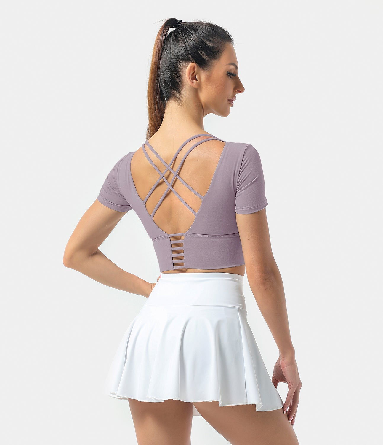 Halara Round Neck Short Sleeve Backless Crisscross Cropped Sports Top  - Iris Purple - XL 