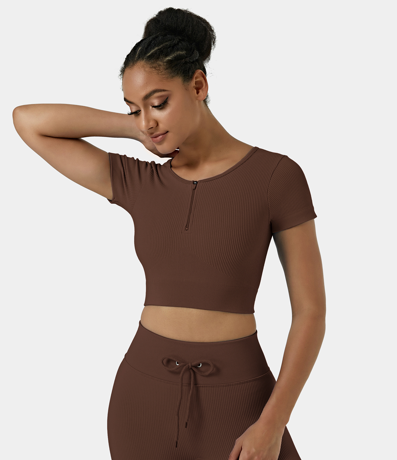 

Halara Seamless Flow Ribbed Knit Half Zip Short Sleeve Sports Top - Coffee