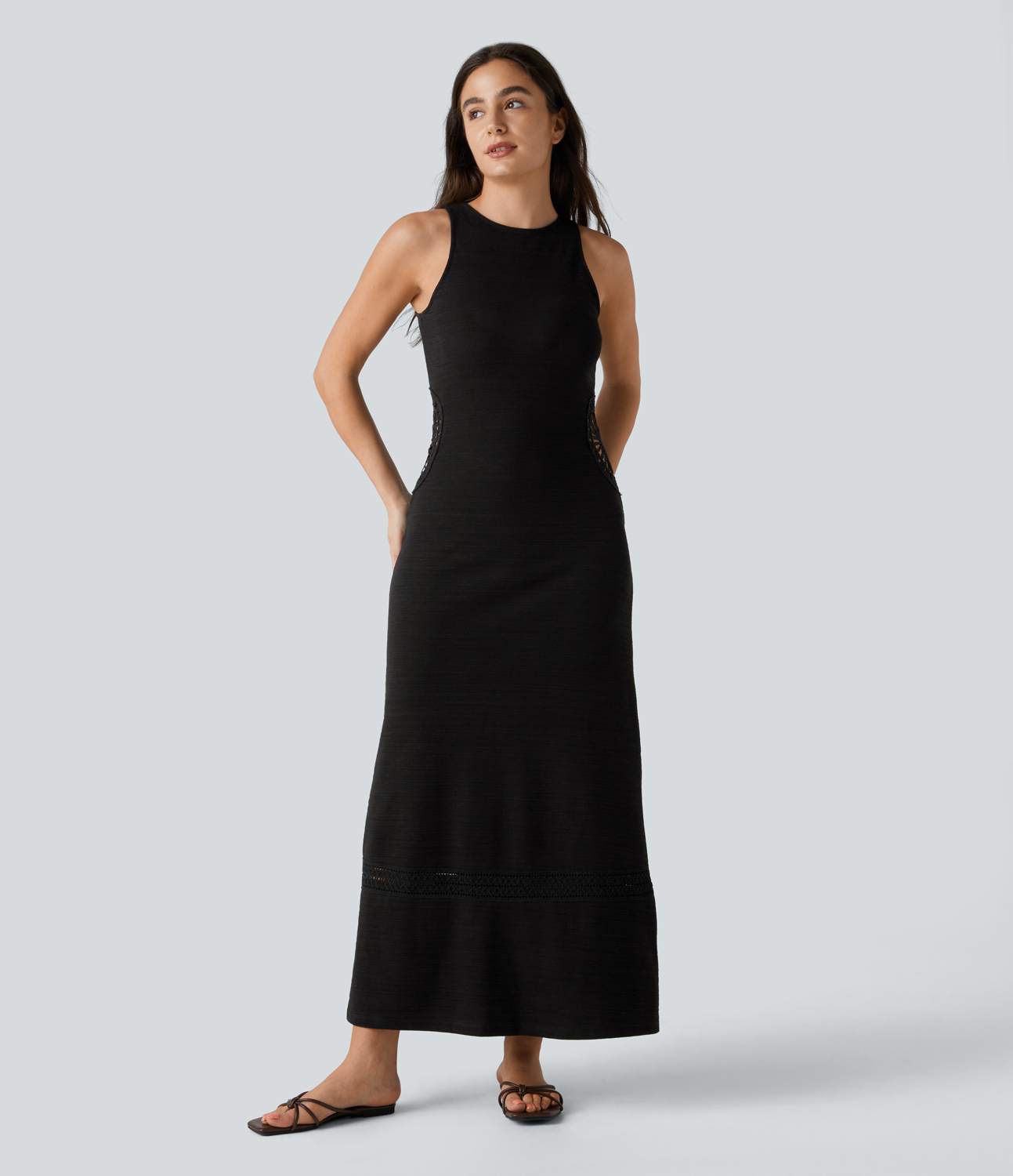 

Halara Round Neck Crochet Maxi Casual Tank Dress Casual Dress - Black -  slip dress beach dress ruched dress halter dress exercise dress
