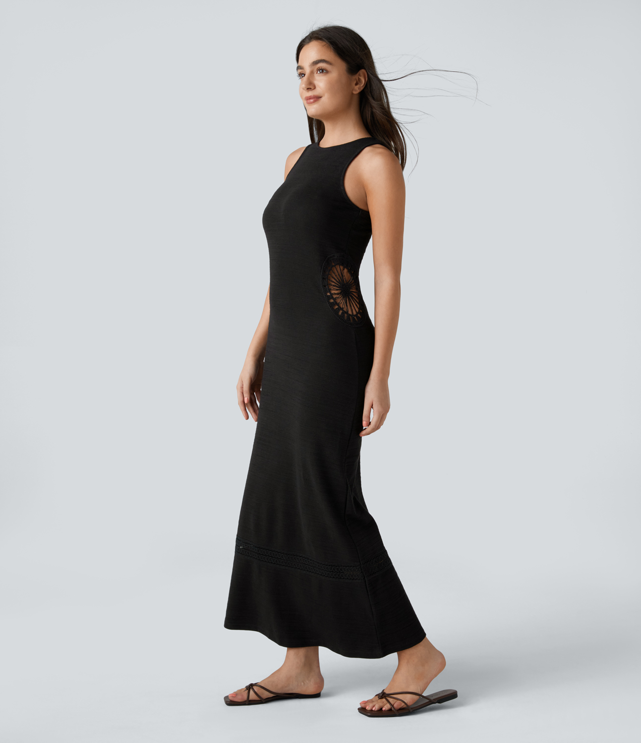 

Halara Round Neck Crochet Maxi Casual Tank Dress Casual Dress - Black -  slip dress beach dress ruched dress halter dress exercise dress