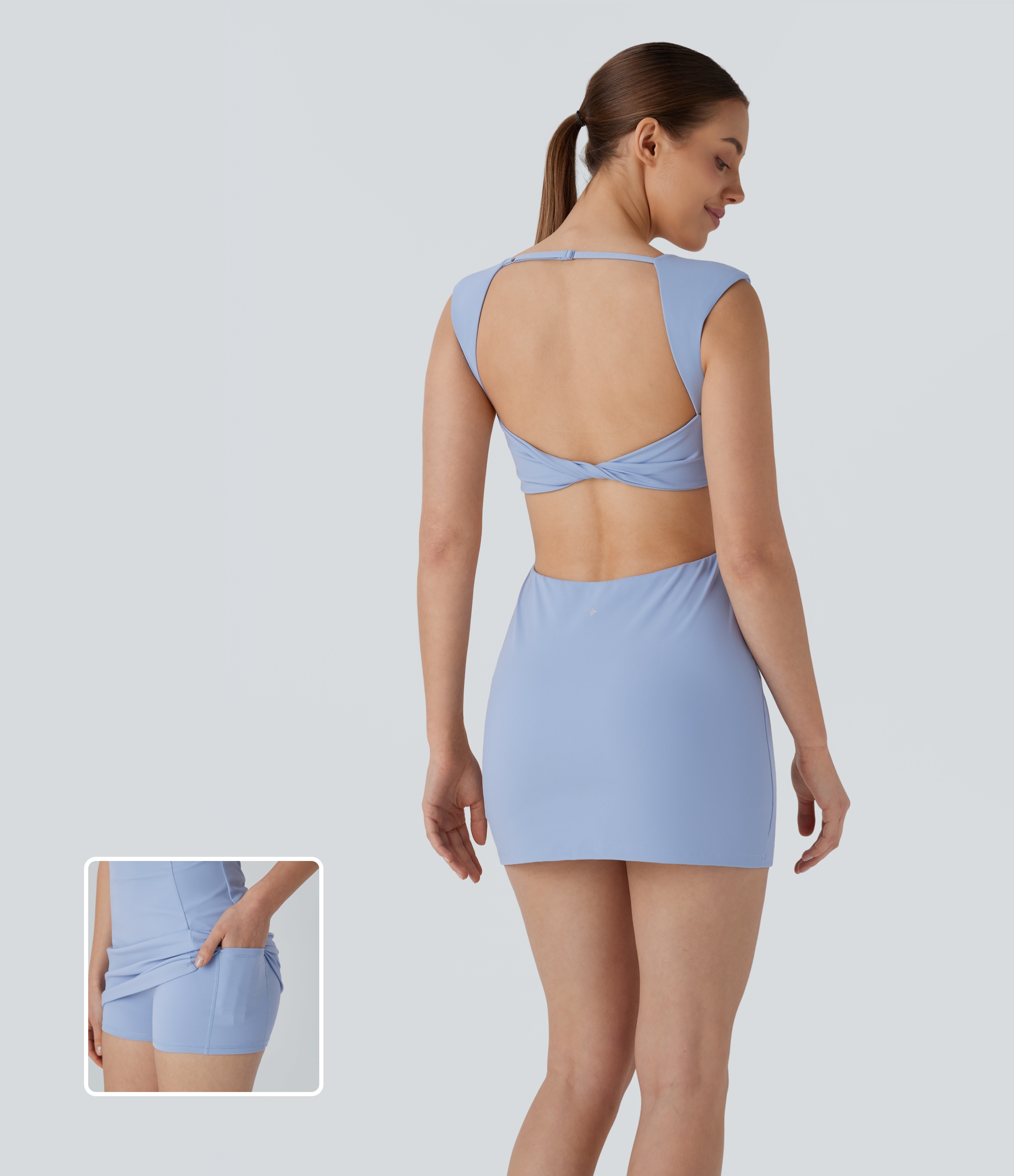 Softlyzero™ Airy - Ärmelloses, rückenfreies 2-in-1 Minikleid mit eckigem Ausschnitt, Seitentaschen und verstellbarem Riemen
