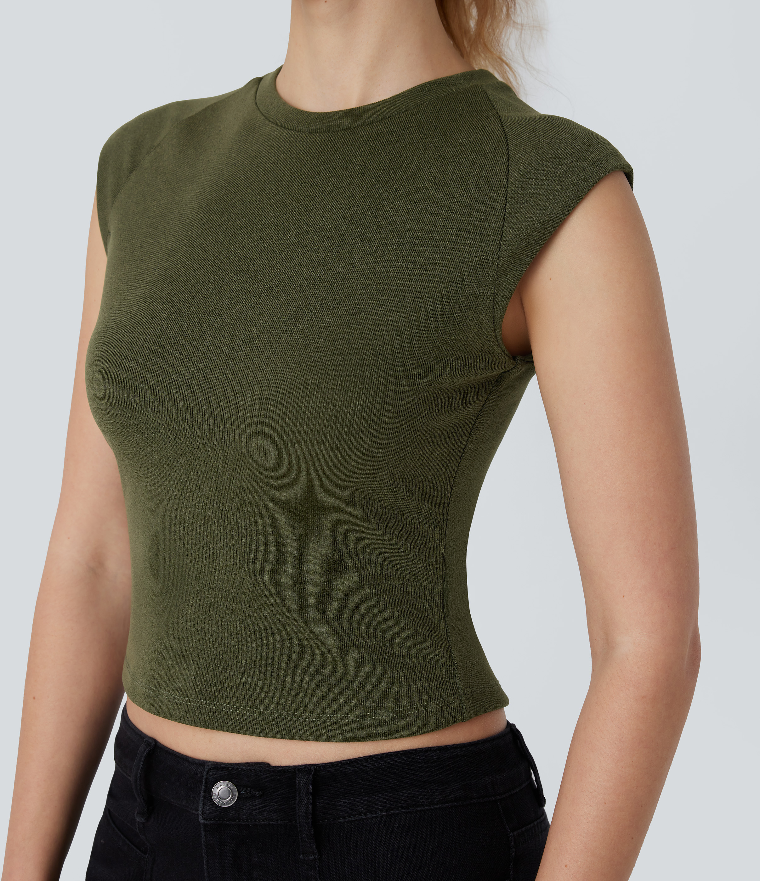 Halara Cap Sleeve Slim Cropped Casual Top Tank Top - Lone Pine Green - XL golf tops halter top tunic tops sleeveless tops backless top 