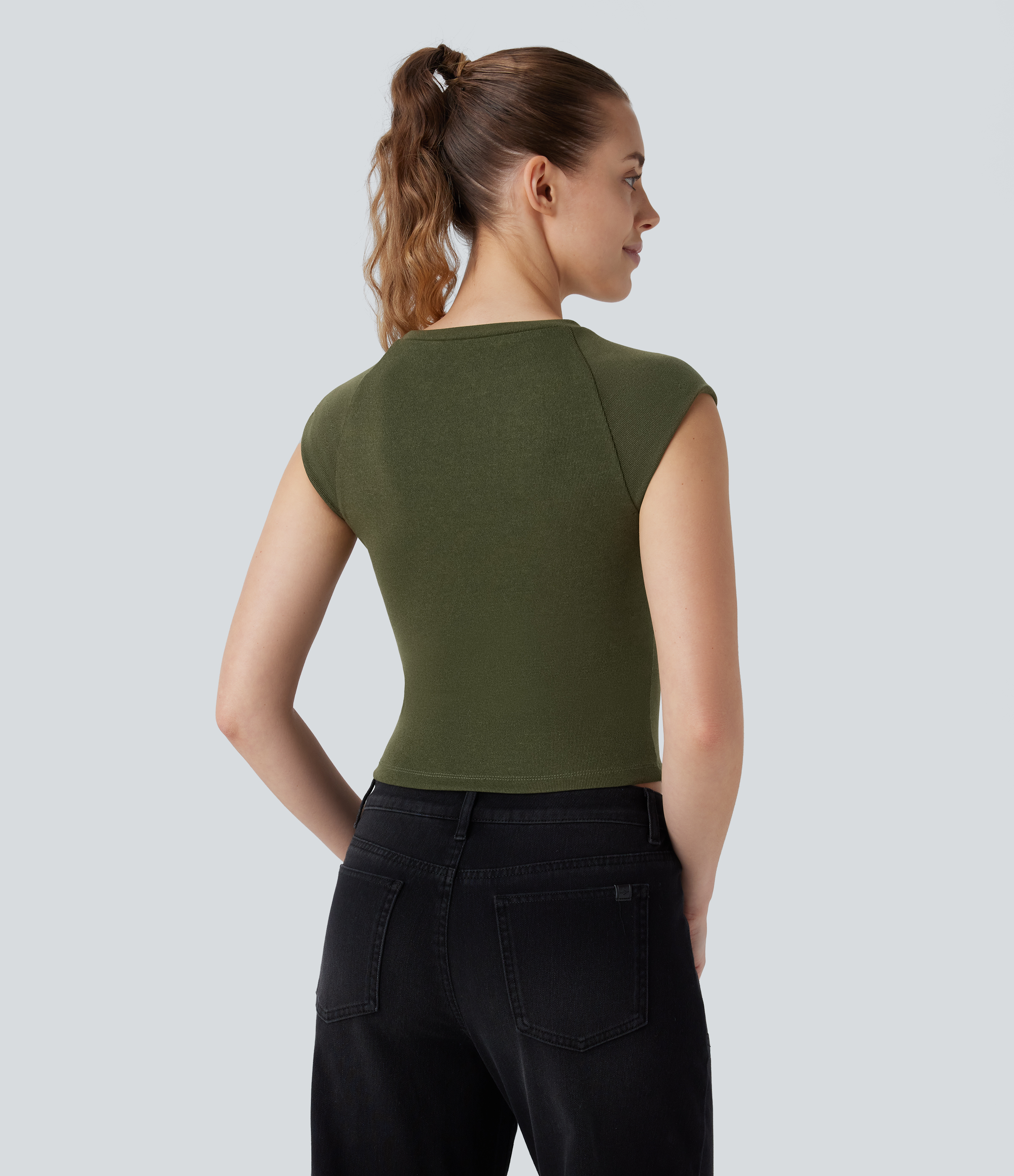 Halara Cap Sleeve Slim Cropped Casual Top Tank Top - Lone Pine Green - XL golf tops halter top tunic tops sleeveless tops backless top 