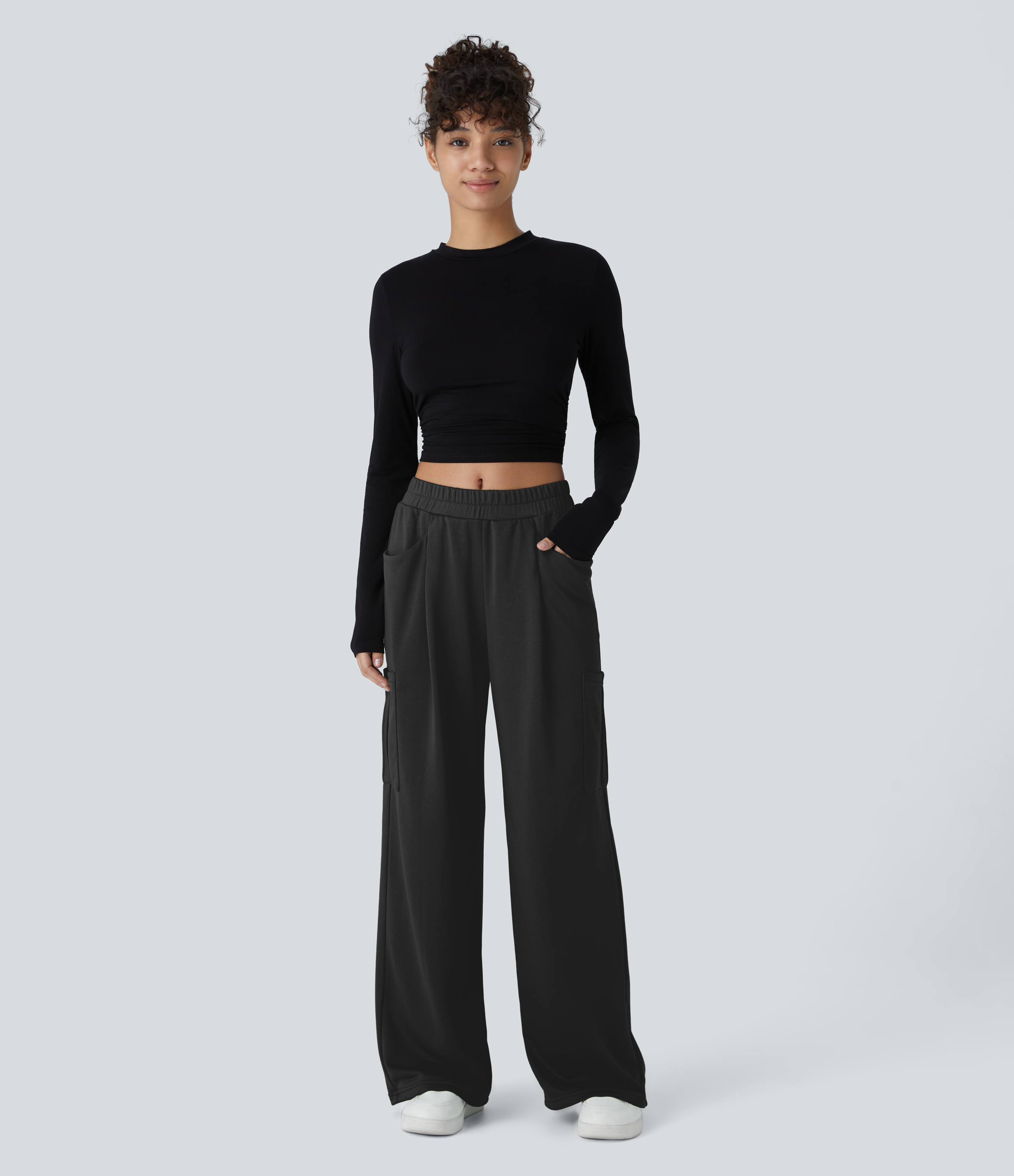 Halara Mid High Waisted Multiple Pockets Casual Cargo Pants  - Black - XS(regular) sweatpants jogger pants stacked sweatpants cargo joggers 