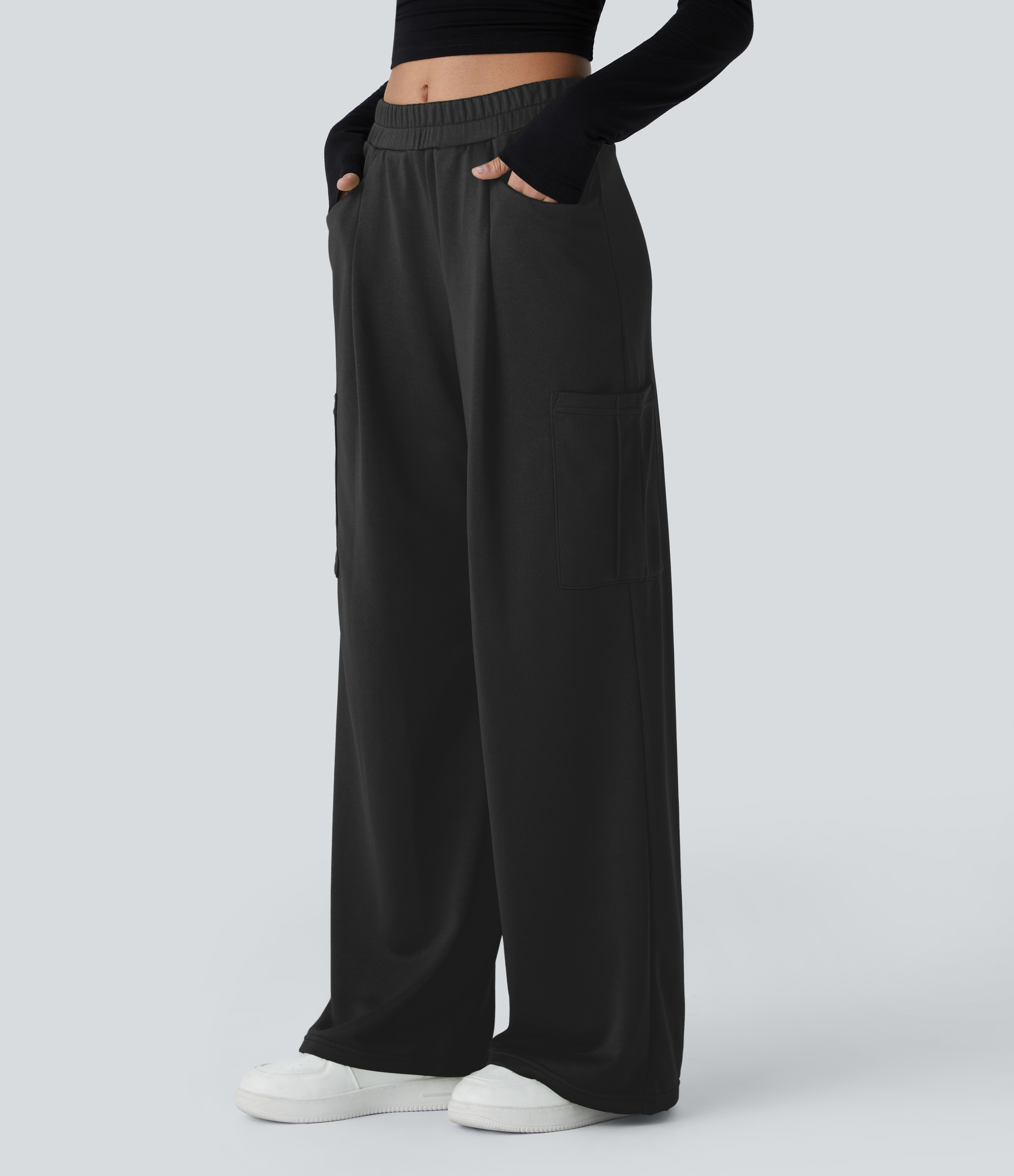 Halara Mid High Waisted Multiple Pockets Casual Cargo Pants  - Black - XS(regular) sweatpants jogger pants stacked sweatpants cargo joggers 