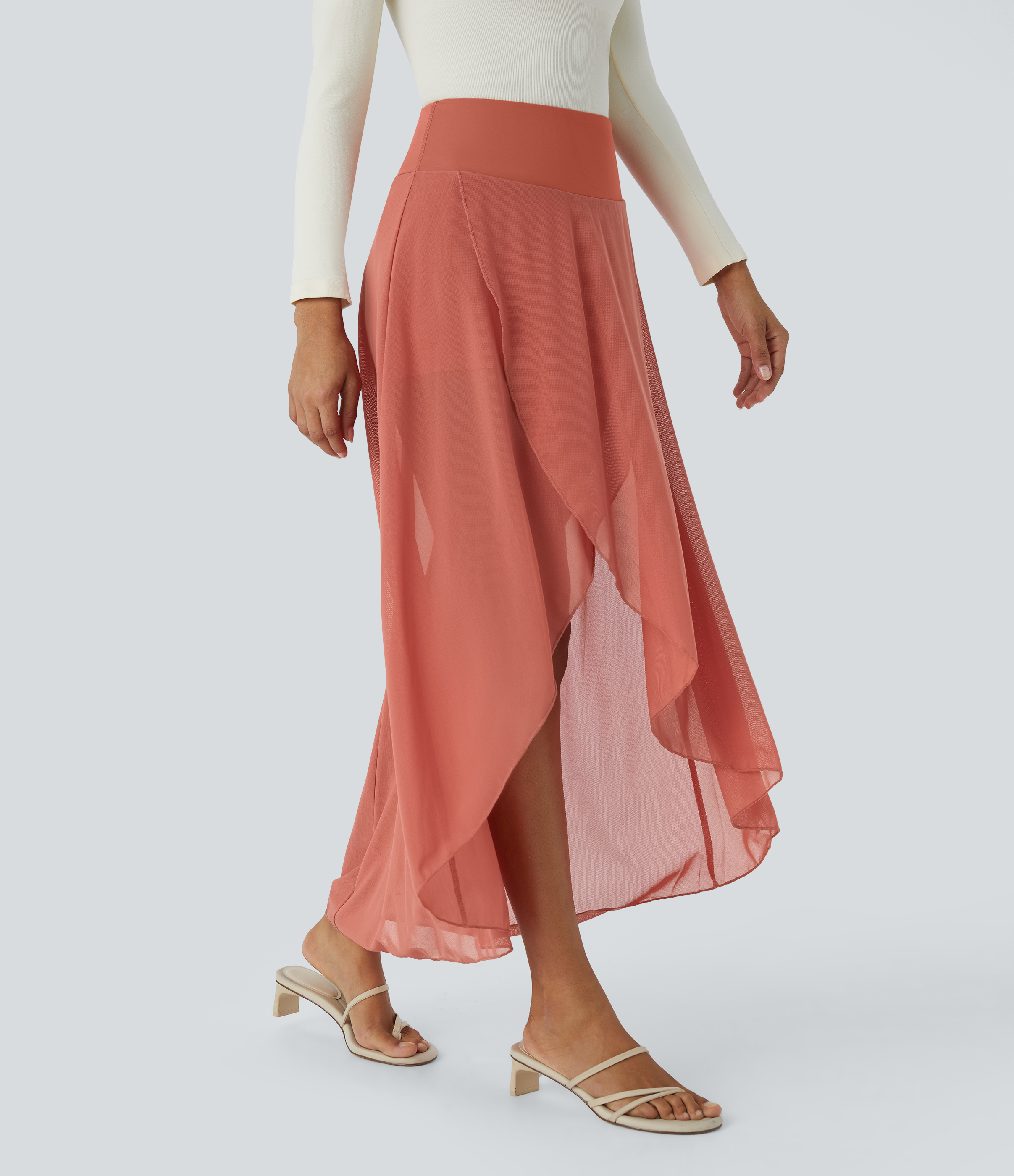 Halara High Waisted High Low Ruffle 2-in-1 Side Pocket Flare Mesh Casual Regular Maxi Skirt  - Persimmon Red - XS midi skirt a line skirt 