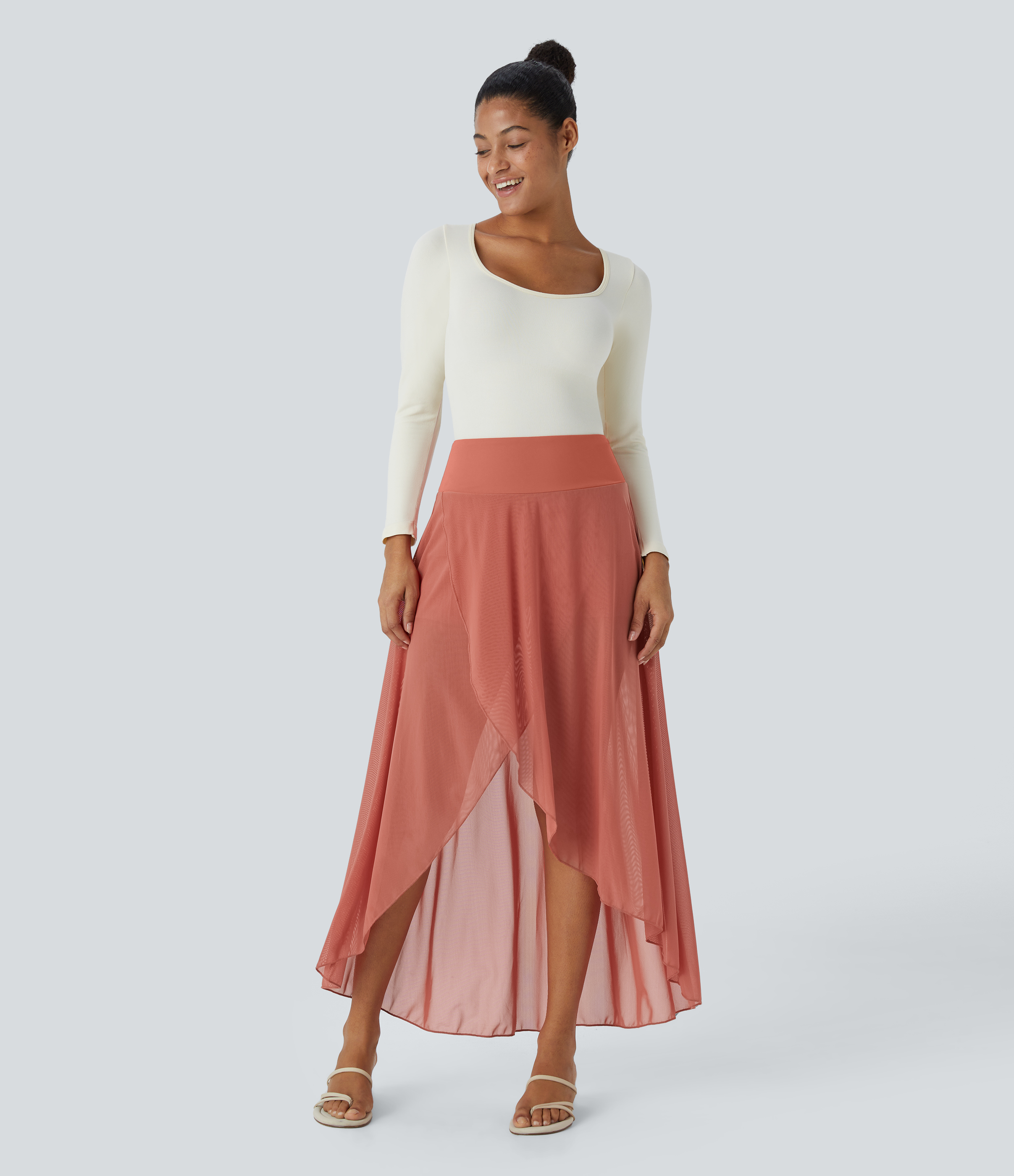 Halara High Waisted High Low Ruffle 2-in-1 Side Pocket Flare Mesh Casual Regular Maxi Skirt  - Persimmon Red - XS midi skirt a line skirt 