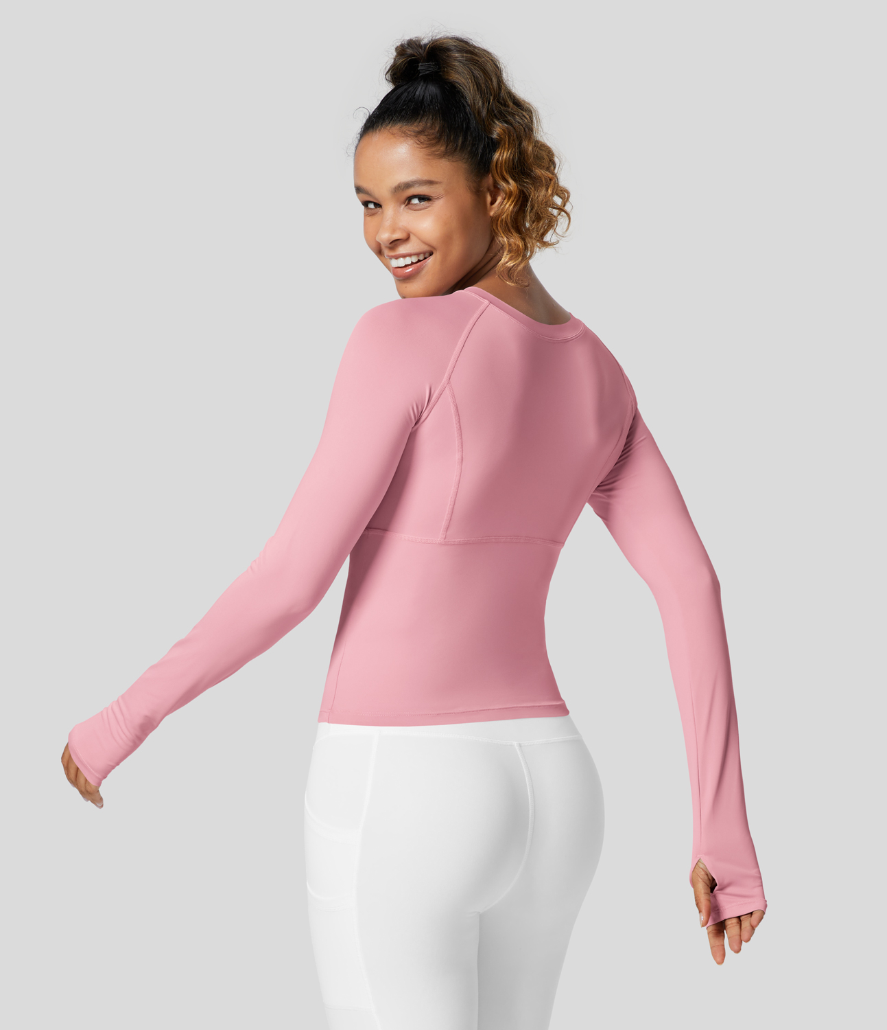 

Halara Solid Thumb Hole Yoga Sports Top - Pink Dolphin