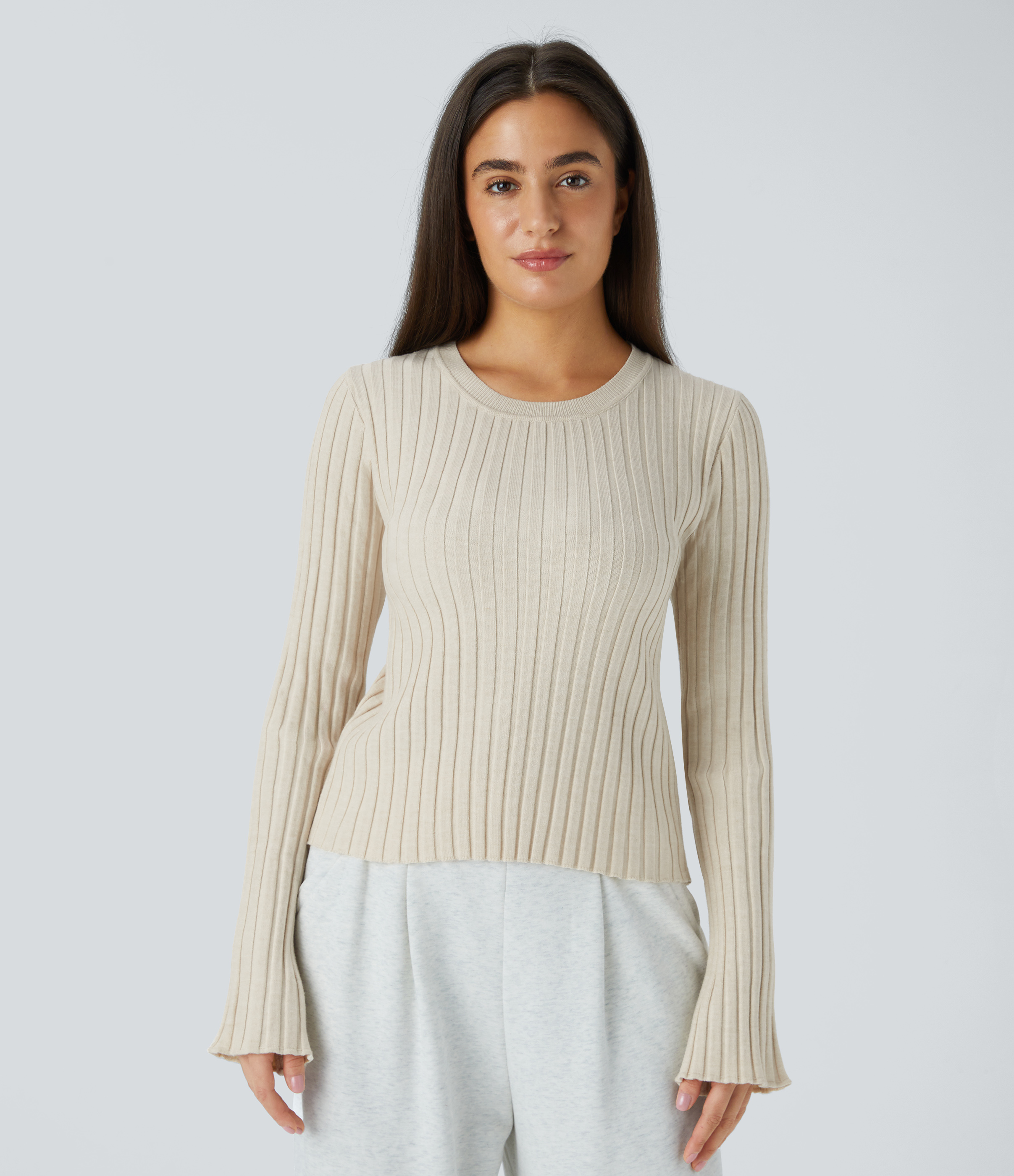 Halara Round Neck Long Sleeve Frill Casual Sweater  - White Onyx - XS 