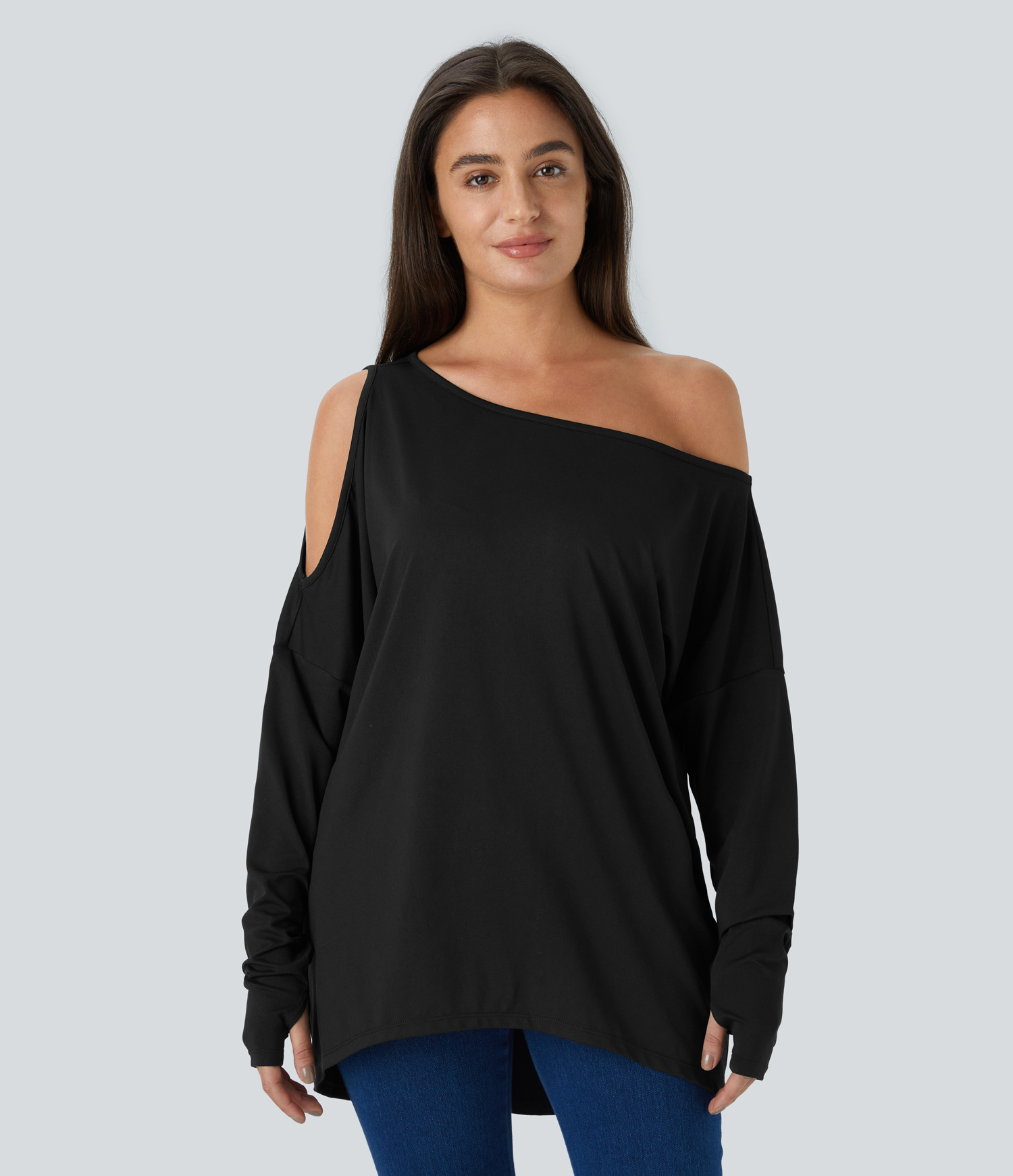 Halara Cut Out Oblique Shoulder Thumb Hole High Low Oversize Casual Top Tank Top - Black - M golf tops halter top tunic tops sleeveless tops 