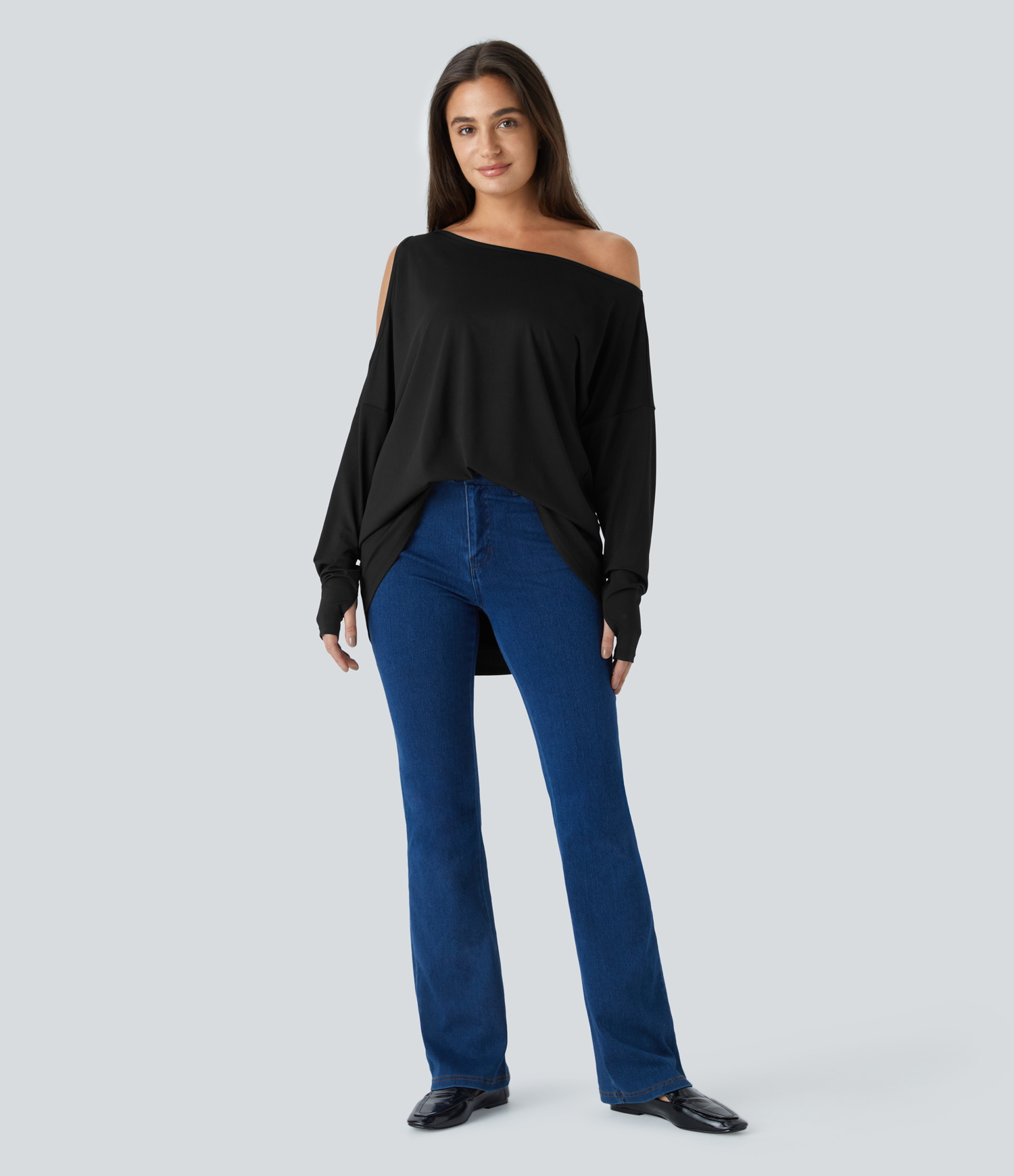 Halara Cut Out Oblique Shoulder Thumb Hole High Low Oversize Casual Top Tank Top - Black - M golf tops halter top tunic tops sleeveless tops 