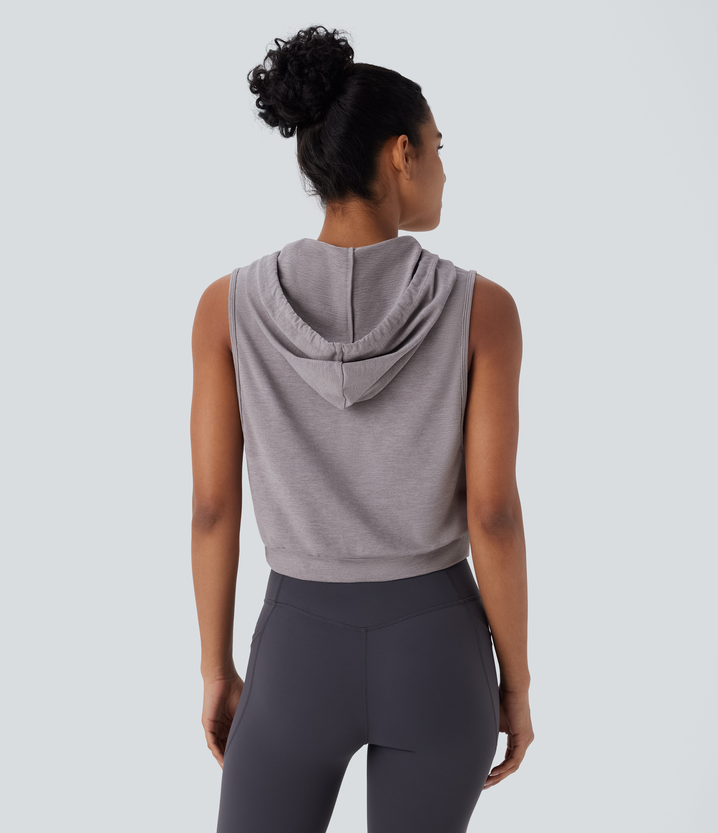 Halara Hooded Drawstring Sleeveless Cropped Running Tank Top Tank Top - Mottled Earth Gray - M golf tops halter top tunic tops 