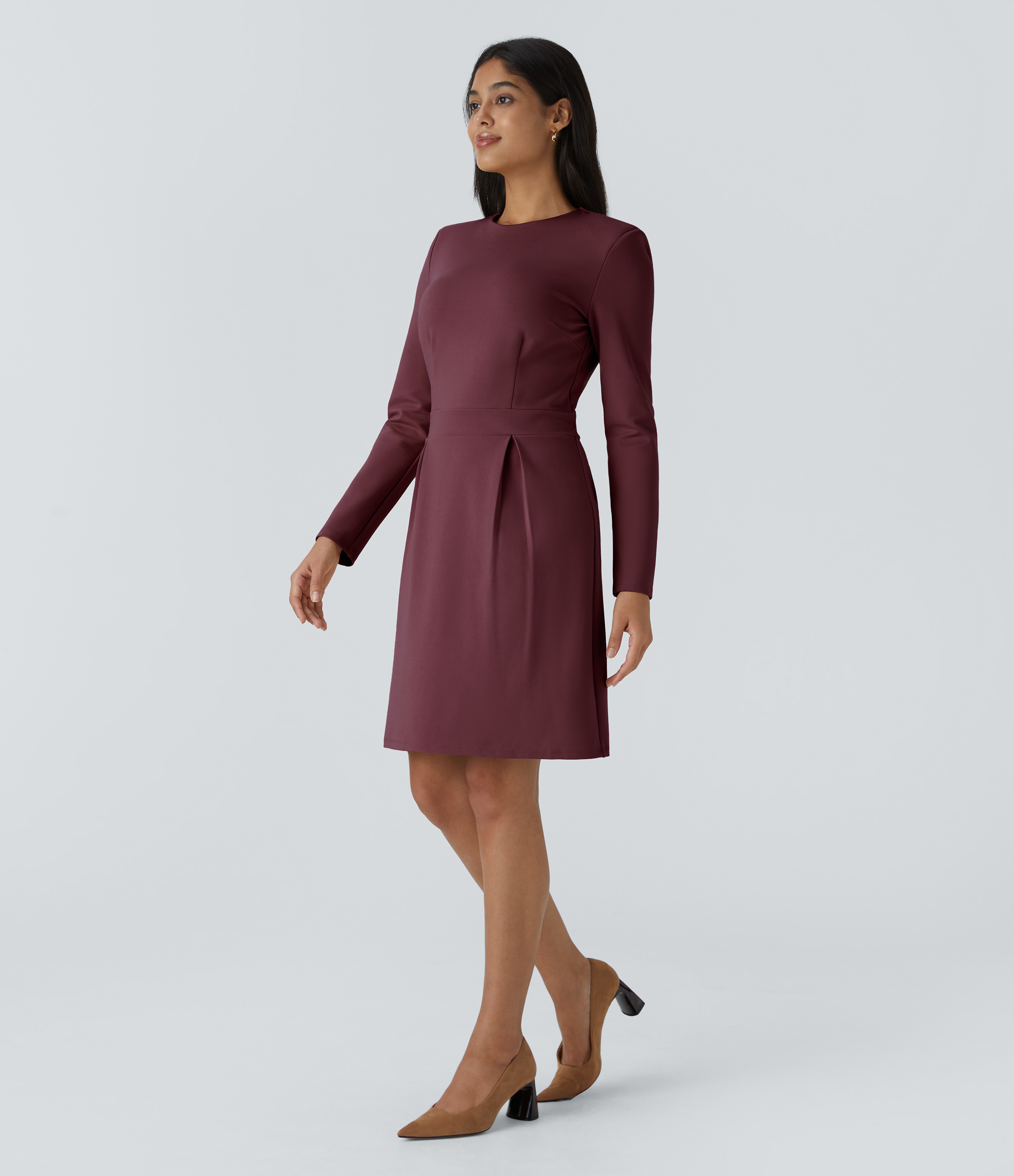 Halara Round Neck Shoulder Pad Long Sleeve Invisible Zipper Split Hem Slim Mini Work Dress Casual Dress - Chocolate Truffle - XS(regular) 