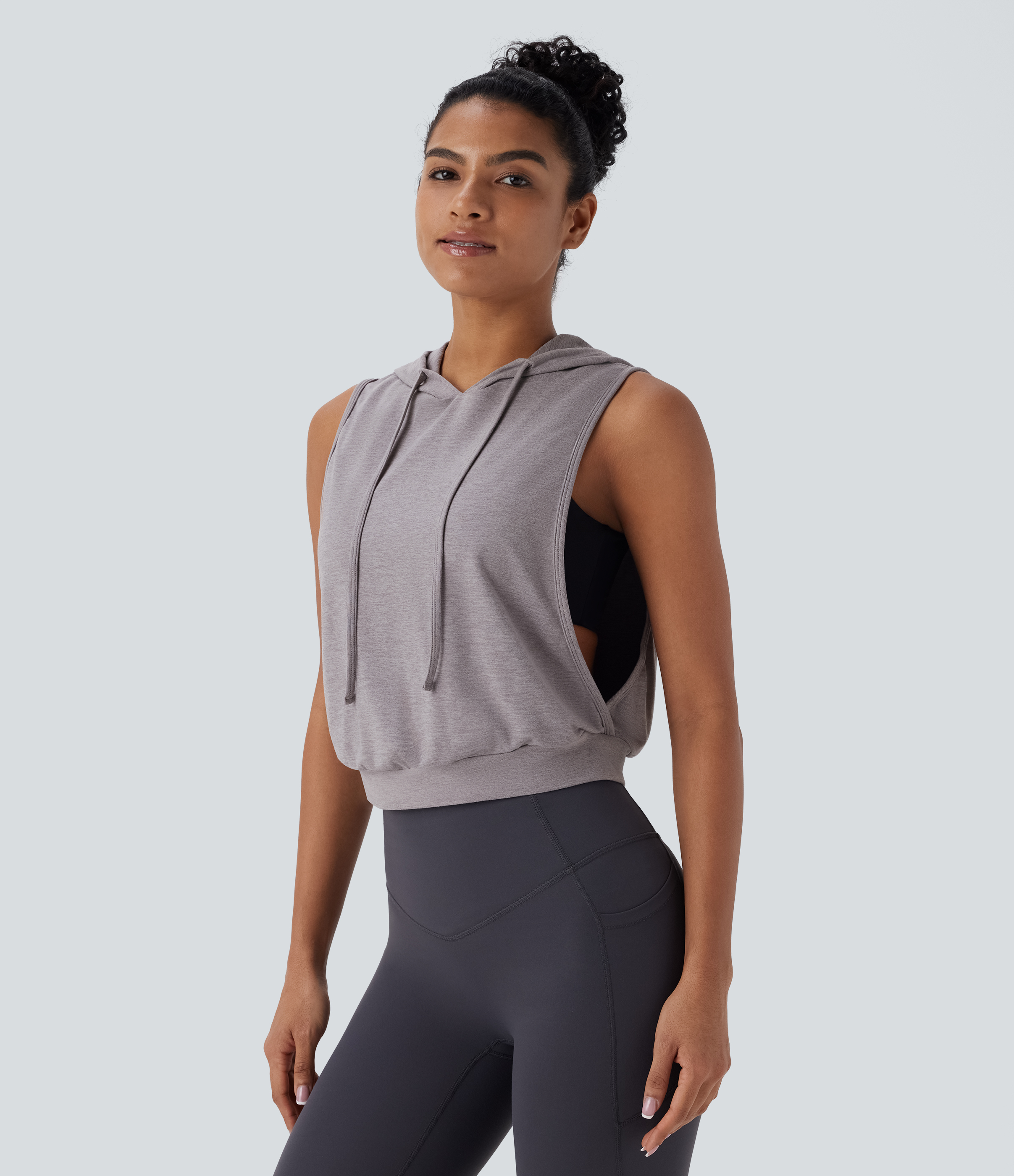 Halara Hooded Drawstring Sleeveless Cropped Running Tank Top Tank Top - Mottled Earth Gray - M golf tops halter top tunic tops 