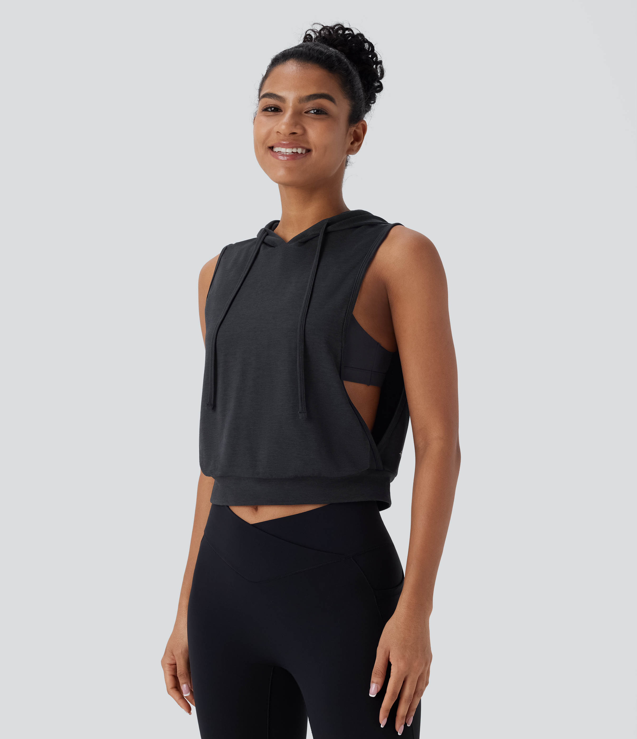 Halara Hooded Drawstring Sleeveless Cropped Running Tank Top Tank Top - Mottled Hemp Black - M golf tops halter top tunic tops 